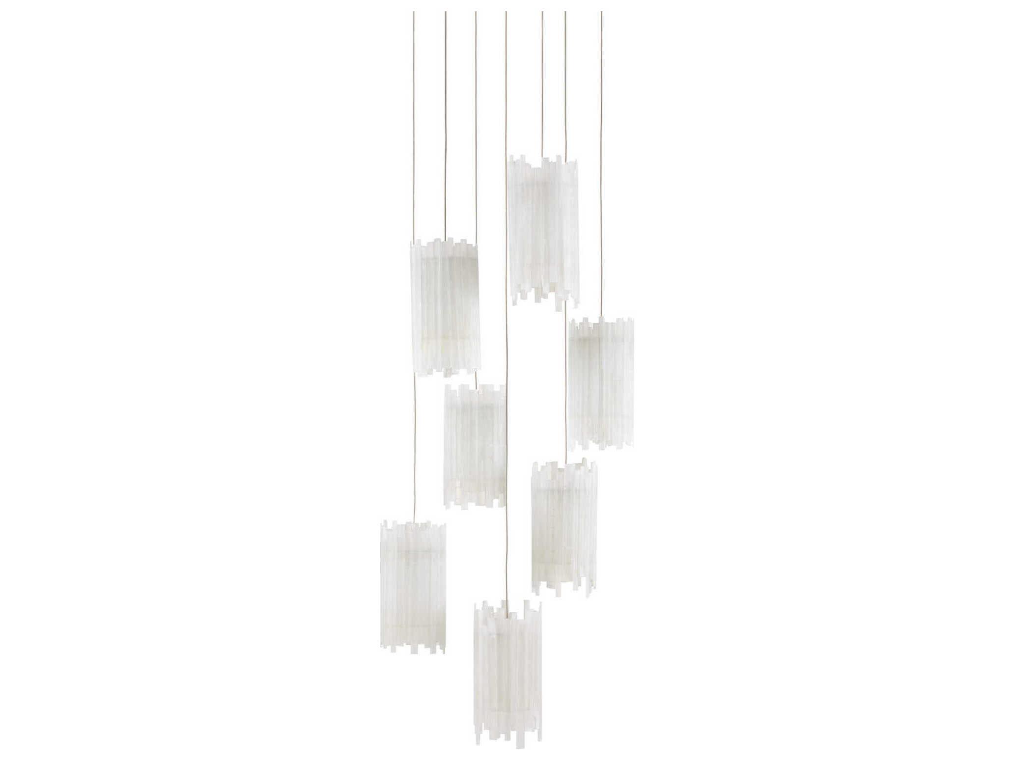 Currey & Company Escenia 7-Light Natural Painted Silver White Crystal Glass Cylinder Pendant