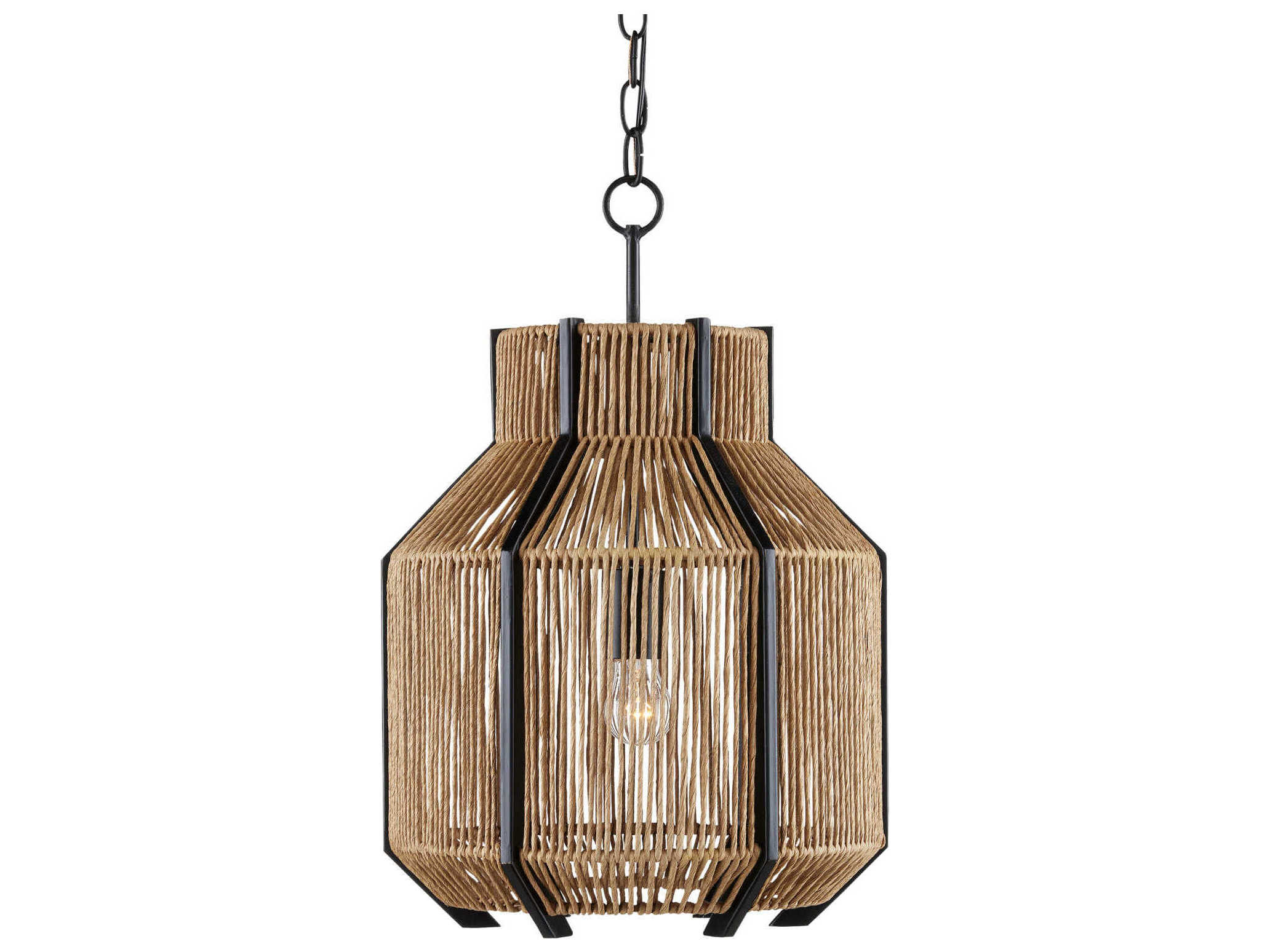Currey & Company Mali 1-Light Satin Black Khaki Kraft Paper Twine Brown Pendant