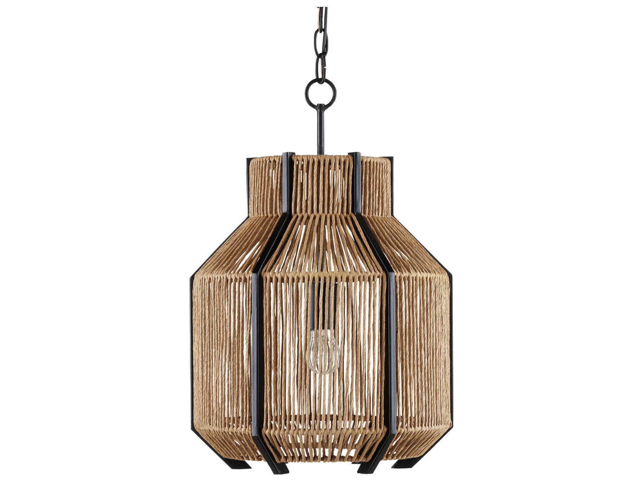 Currey & Company Mali 1-Light Satin Black Khaki Kraft Paper Twine Brown Pendant