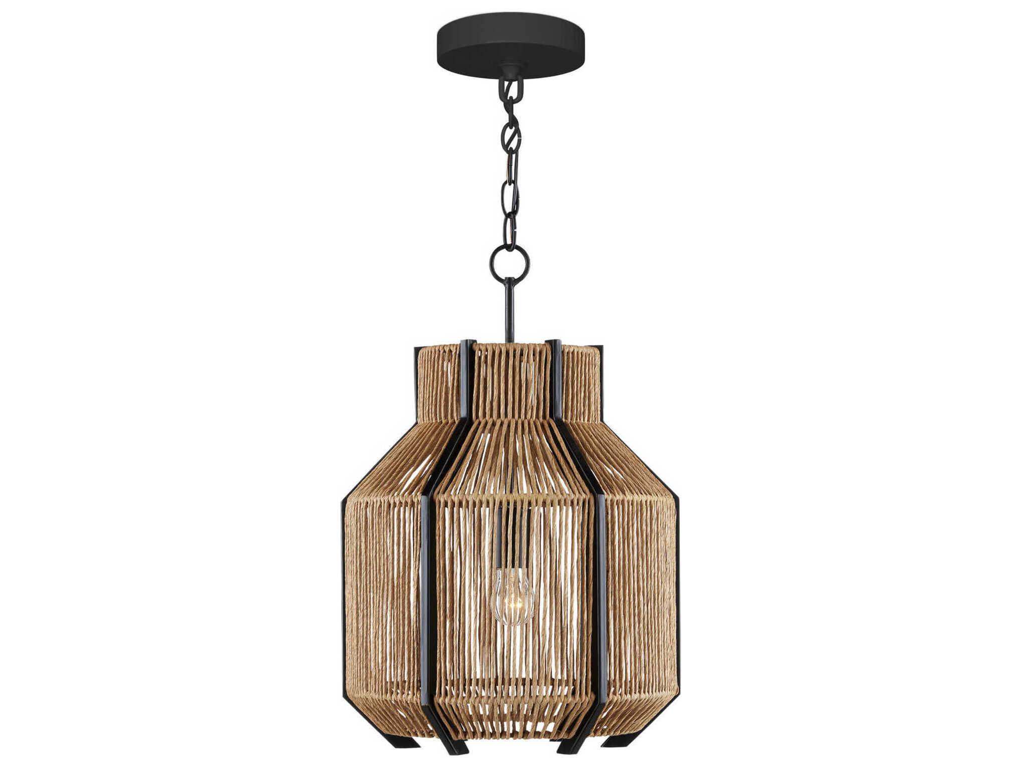 Currey & Company Mali 1-Light Satin Black Khaki Kraft Paper Twine Brown Pendant