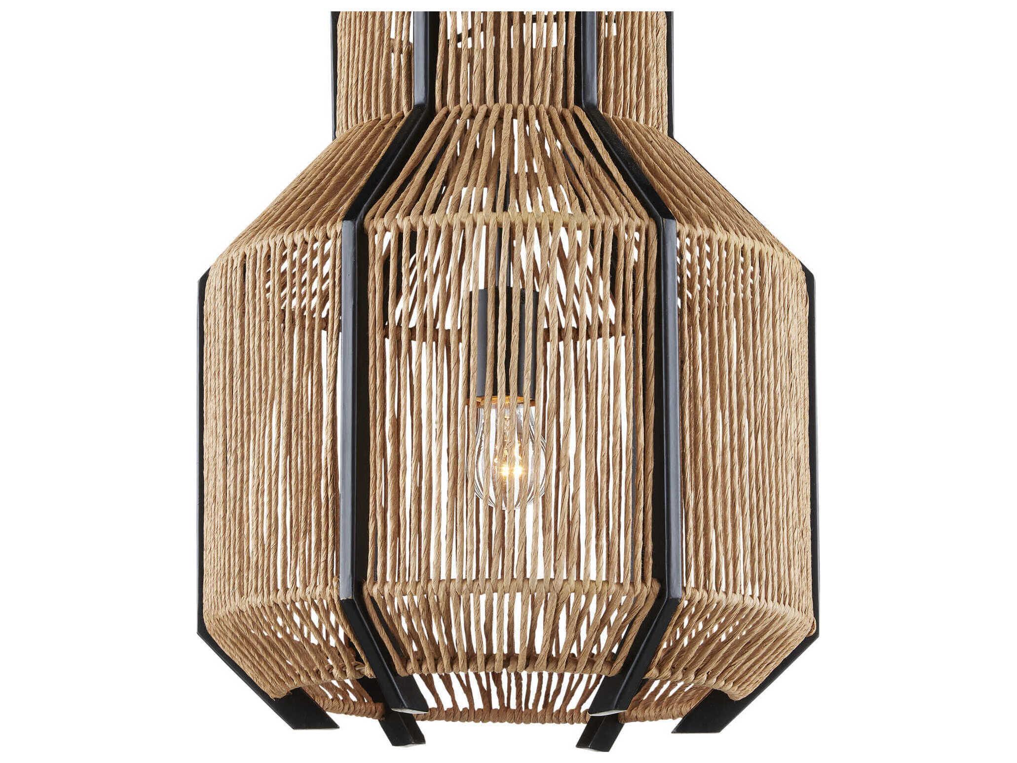 Currey & Company Mali 1-Light Satin Black Khaki Kraft Paper Twine Brown Pendant
