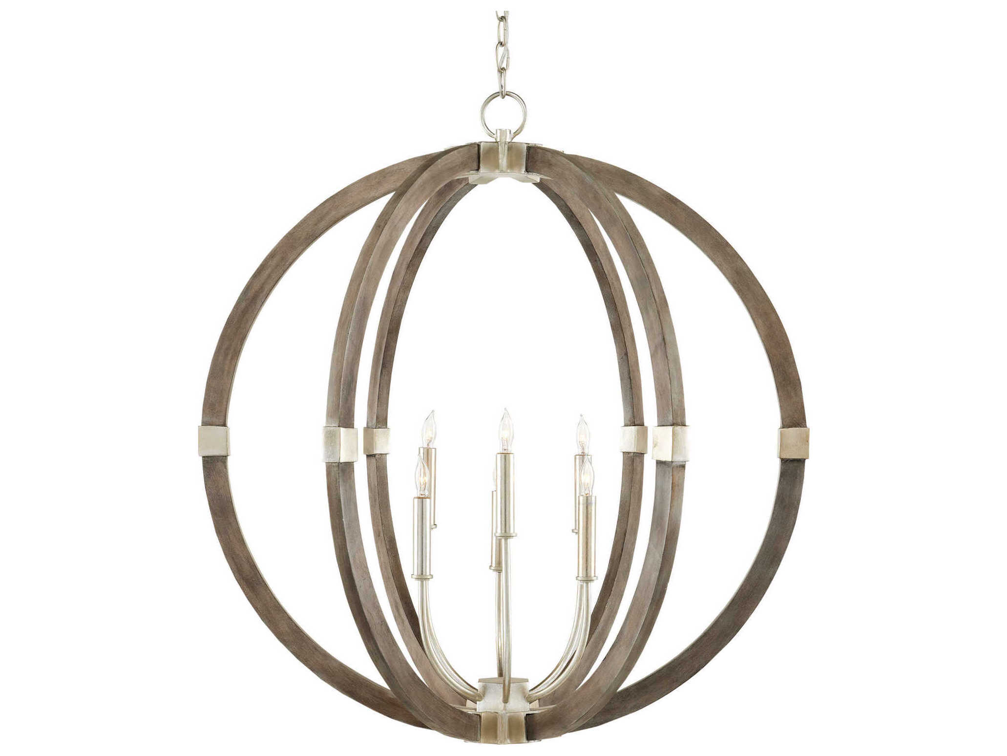 Currey & Company Bastian 6-Light Chateau Gray Contemporary Silver Leaf Candelabra Round Chandelier