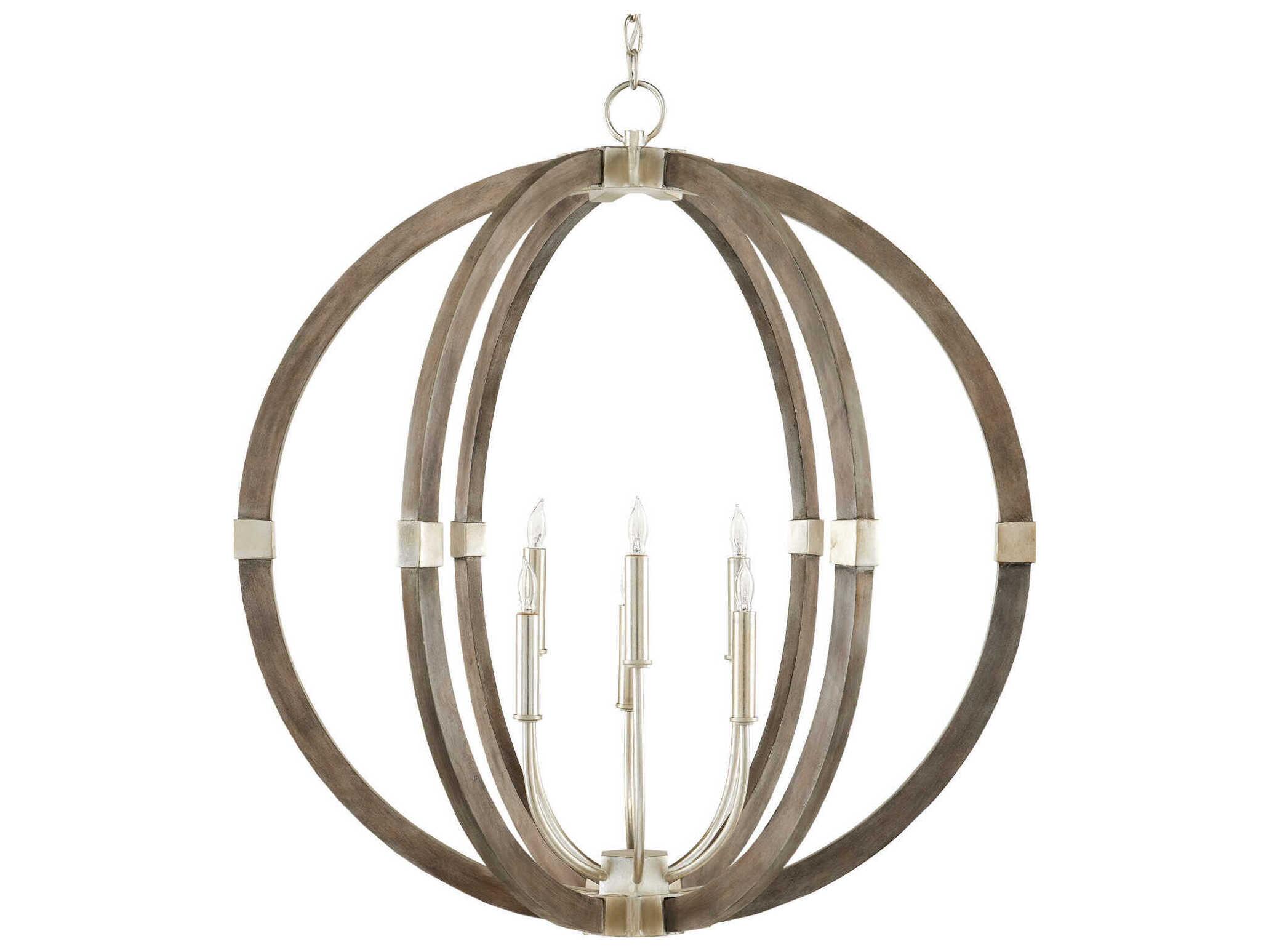 Currey & Company Bastian 6-Light Chateau Gray Contemporary Silver Leaf Candelabra Round Chandelier