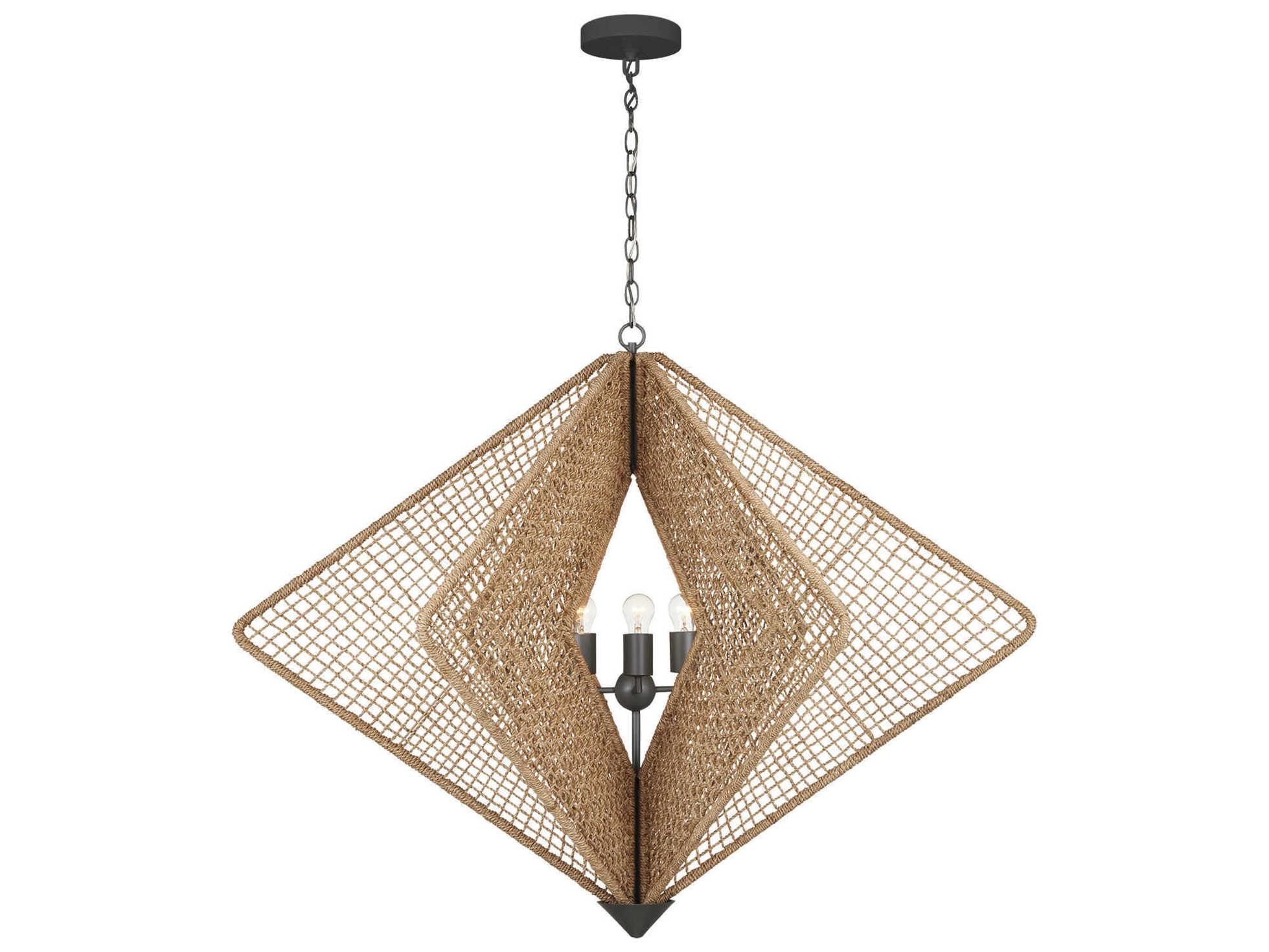 Currey & Company Shizen 3-Light Natural Rope hiroshi Gray Brown Geometric Linear Chandelier