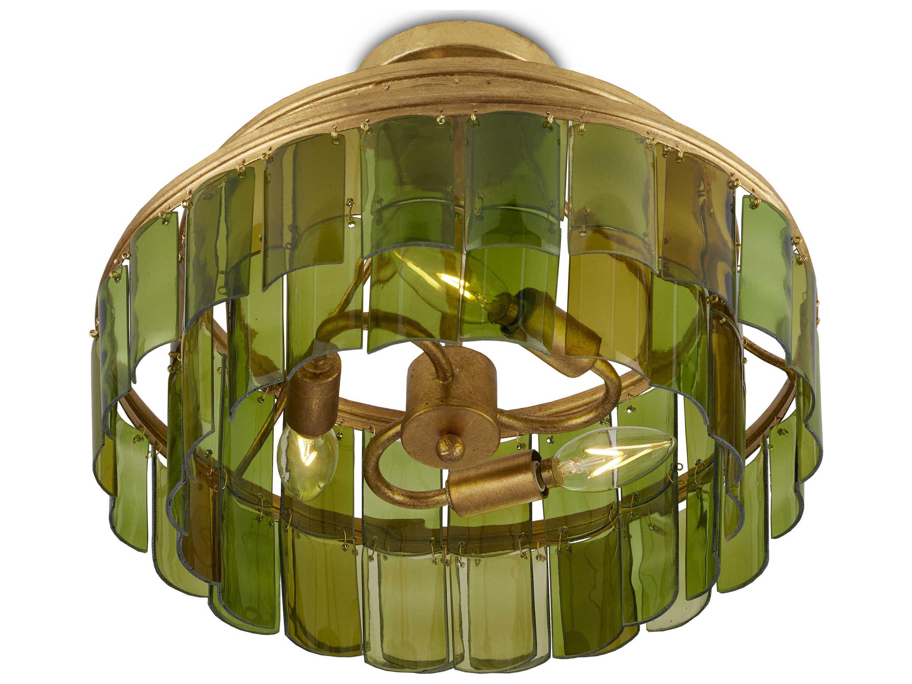 Currey & Company Vintner 3-Light Contemporary Gold Leaf Green Drum Semi Flush Mount