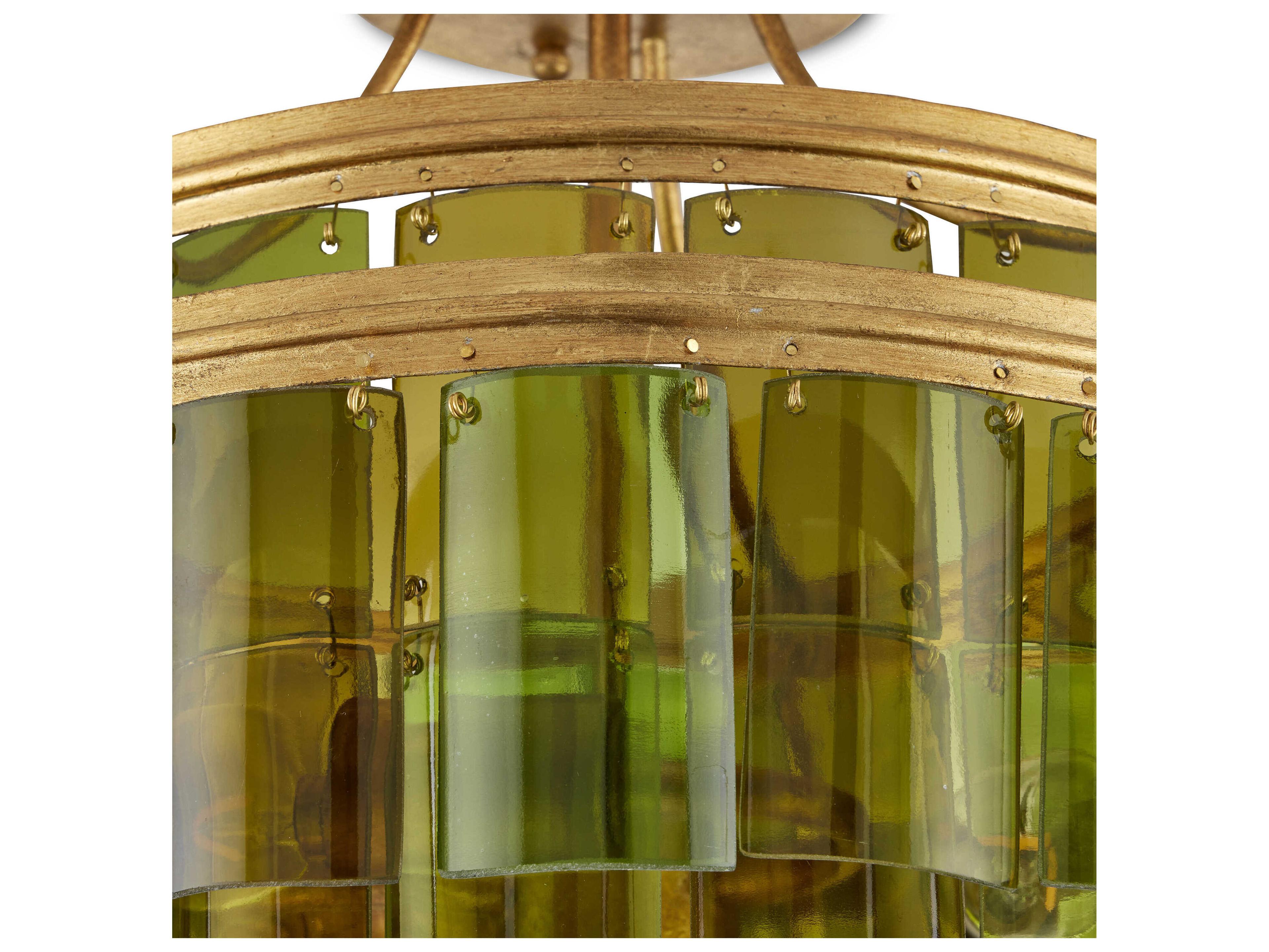 Currey & Company Vintner 3-Light Contemporary Gold Leaf Green Drum Semi Flush Mount