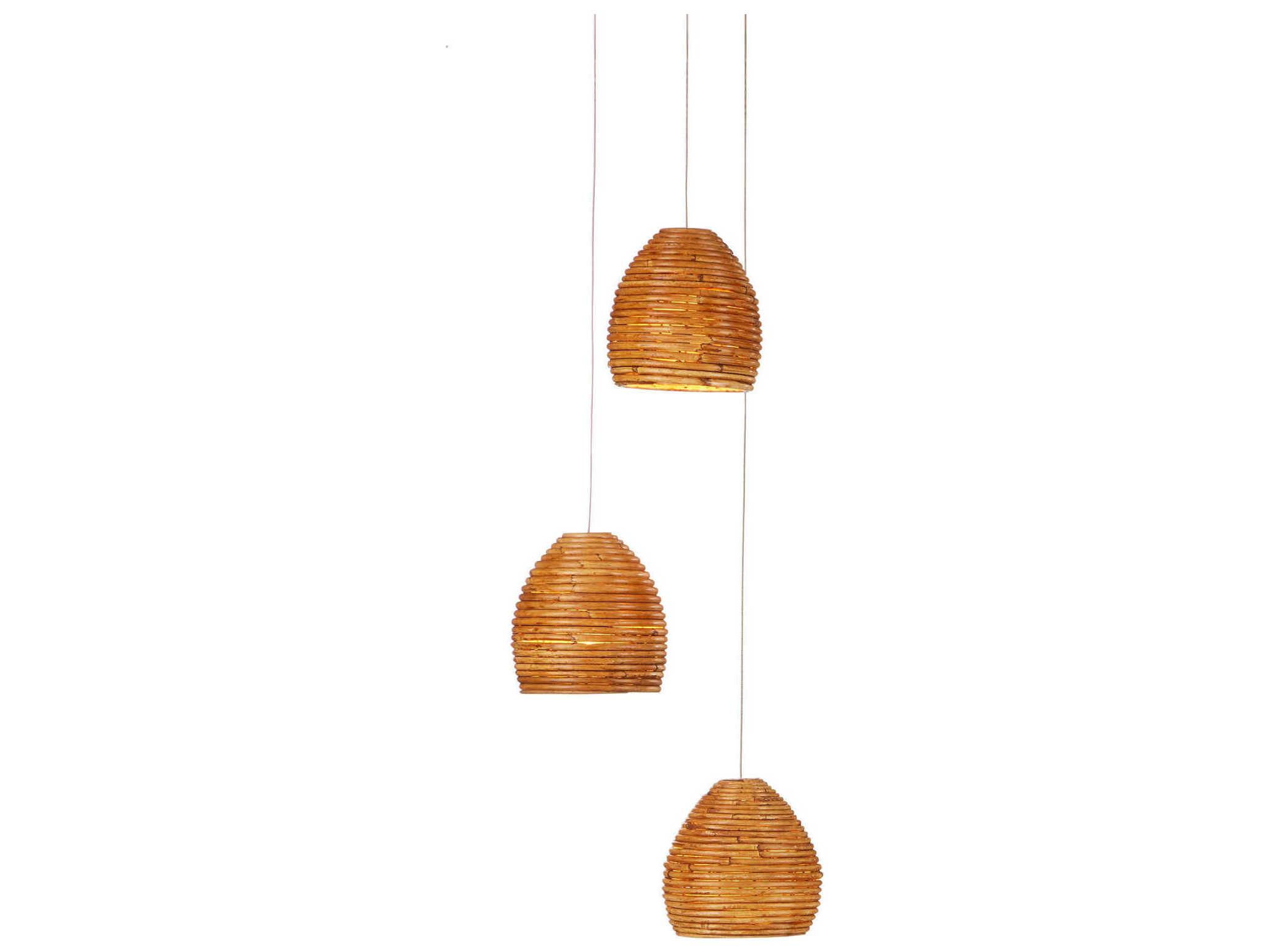 Currey & Company Beehive 3-Light Natural Rattan Silver Brown Dome Mini Pendant