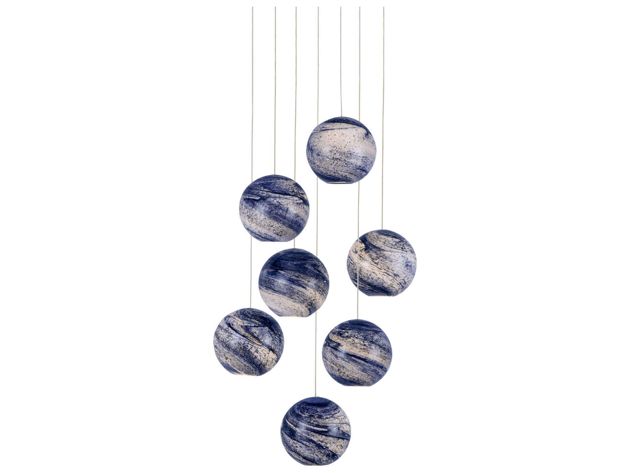 Currey & Company Palatino 7-Light Blue Marbeled Silver Glass Globe Tiered Pendant