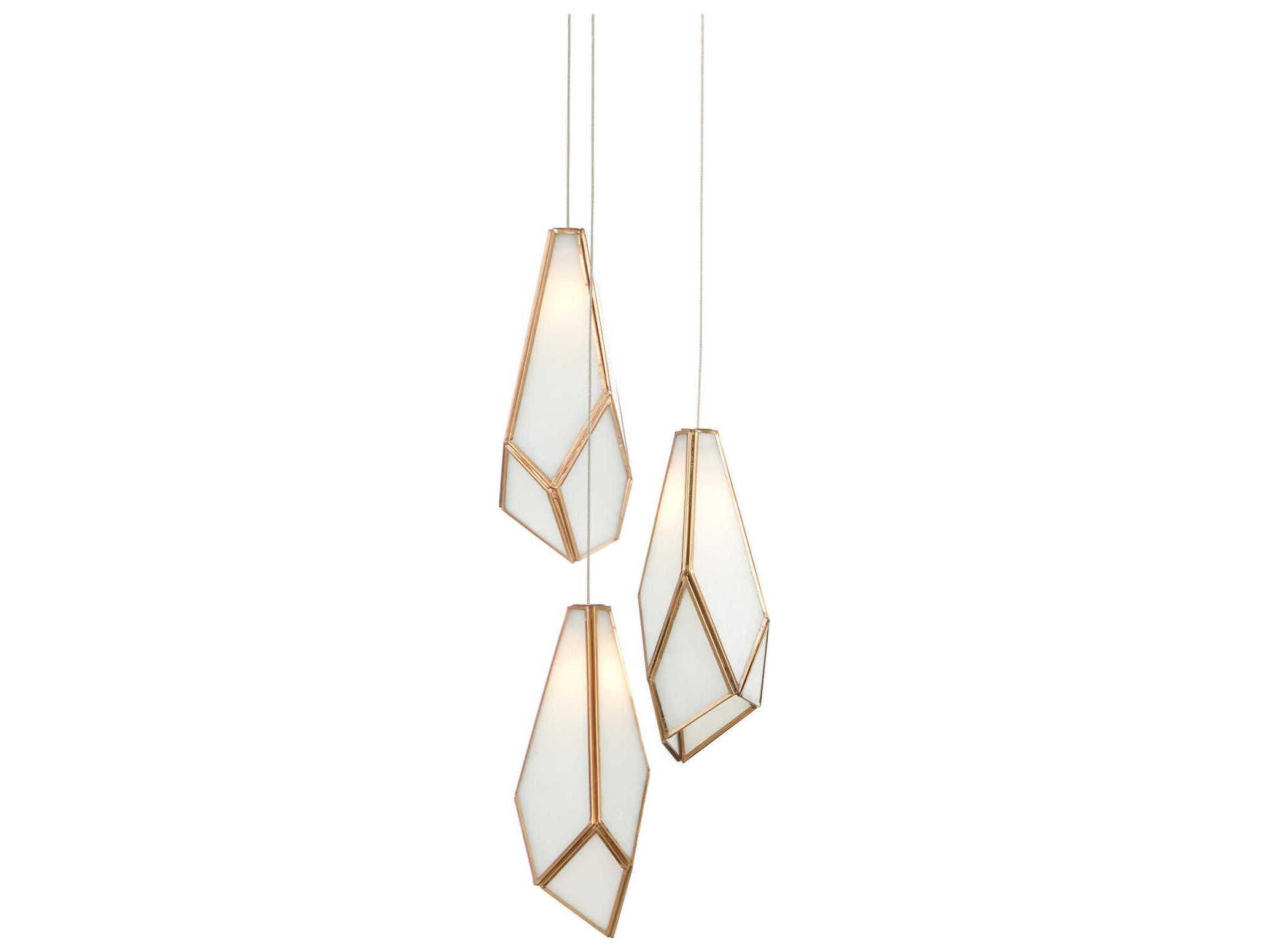 Currey & Company Glace 3-Light White Antique Brass Silver Glass Geometric Tiered Mini Pendant