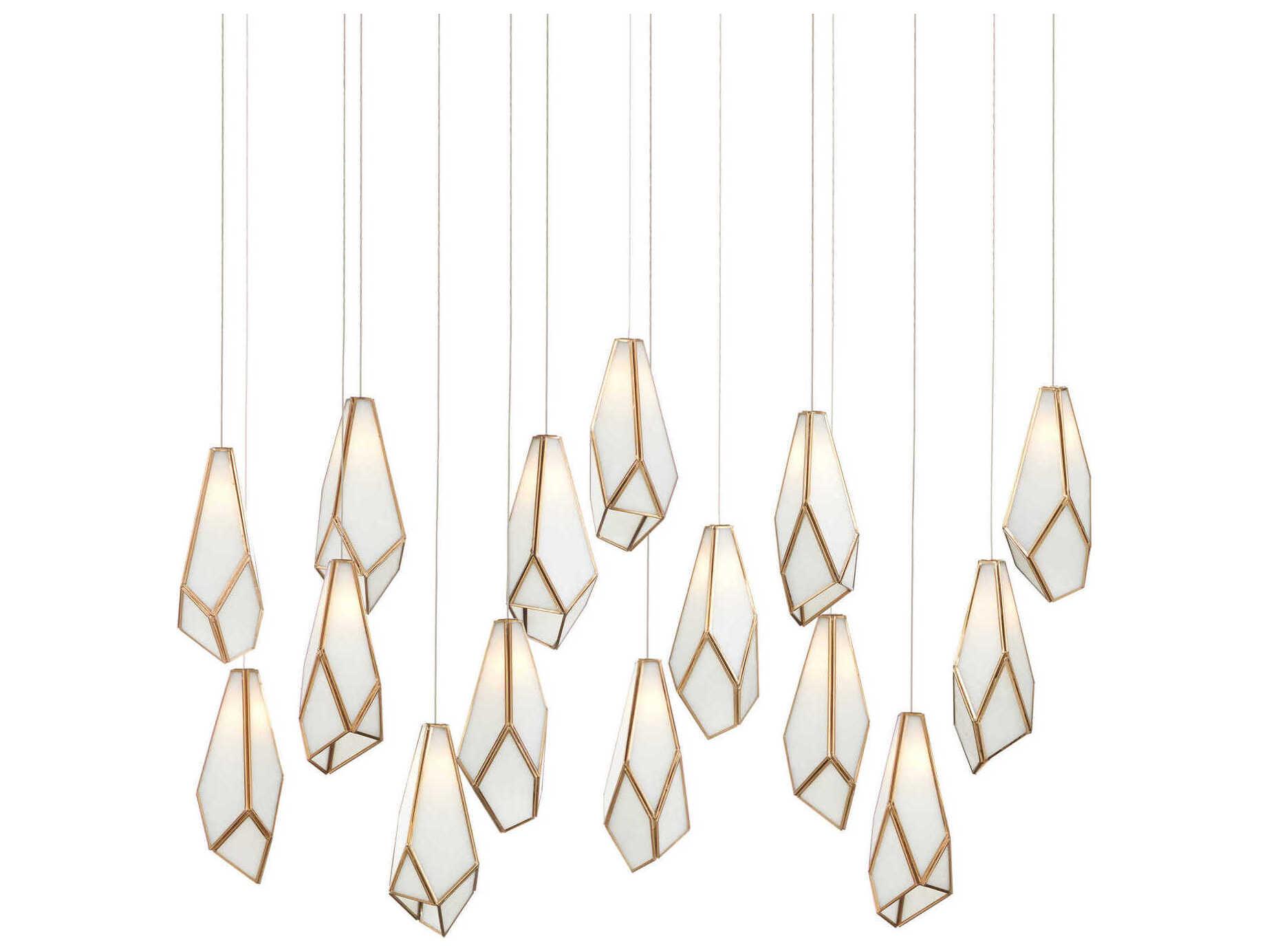 Currey & Company Glace 15-Light White Antique Brass Silver Glass Geometric Tiered Island Pendant