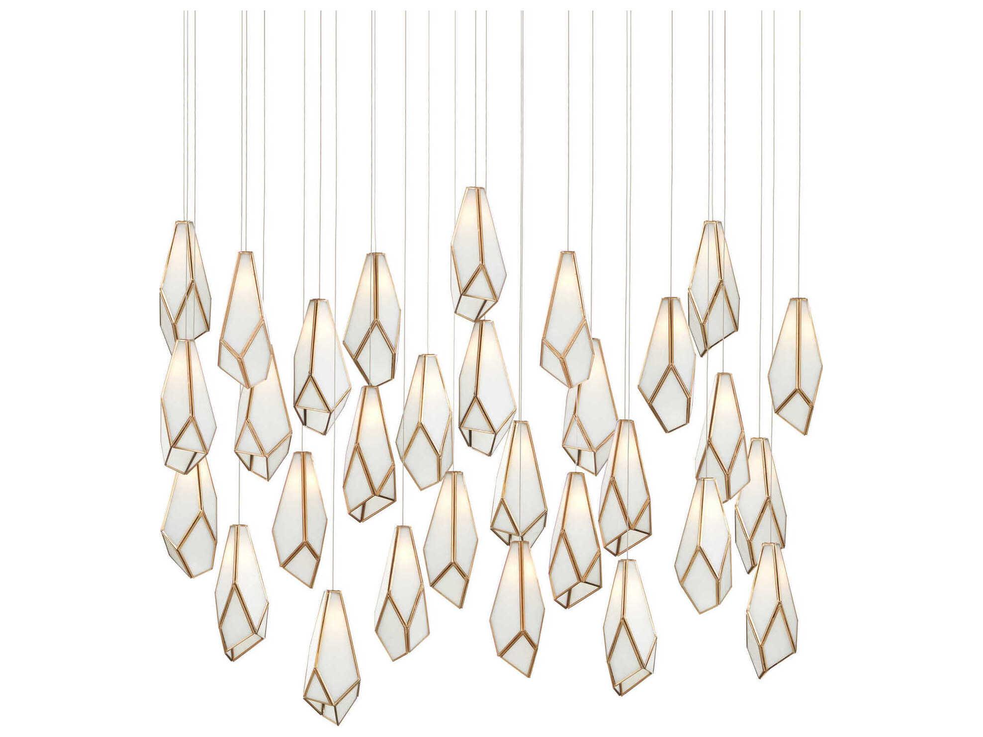 Currey & Company Glace 30-Light White Antique Brass Silver Glass Geometric Tiered Island Pendant