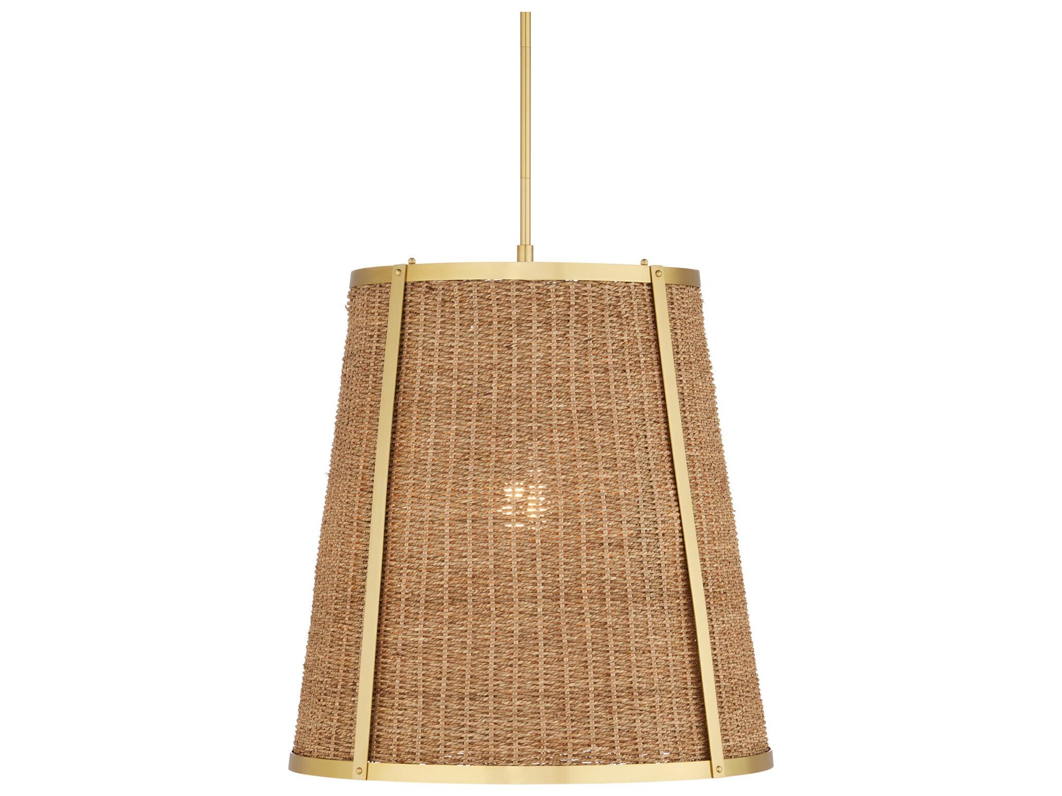 Currey & Company Deauville 1-Light Natural Polished Brass Brown Drum Pendant