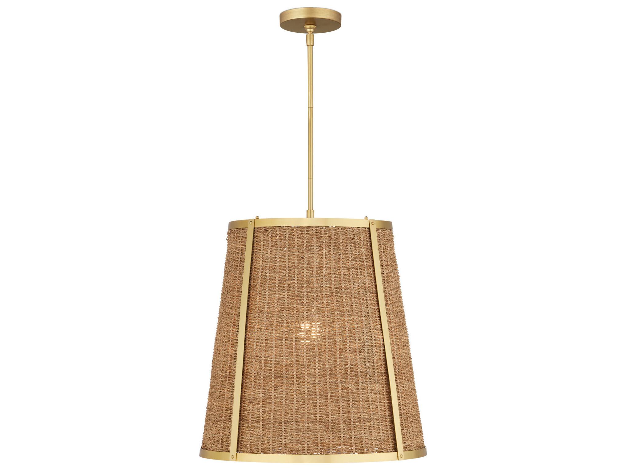 Currey & Company Deauville 1-Light Natural Polished Brass Brown Drum Pendant