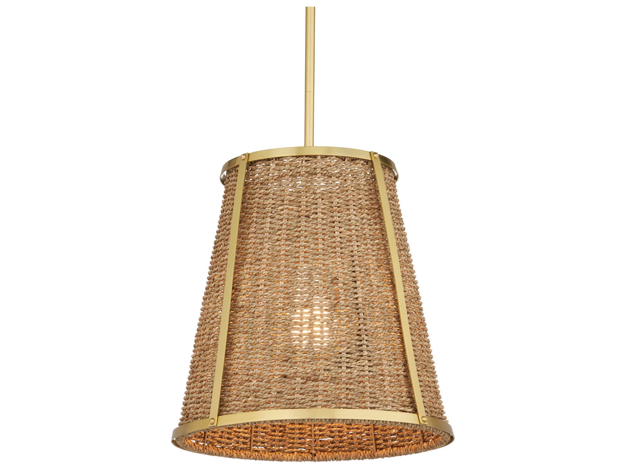 Currey & Company Deauville 1-Light Natural Polished Brass Brown Drum Pendant