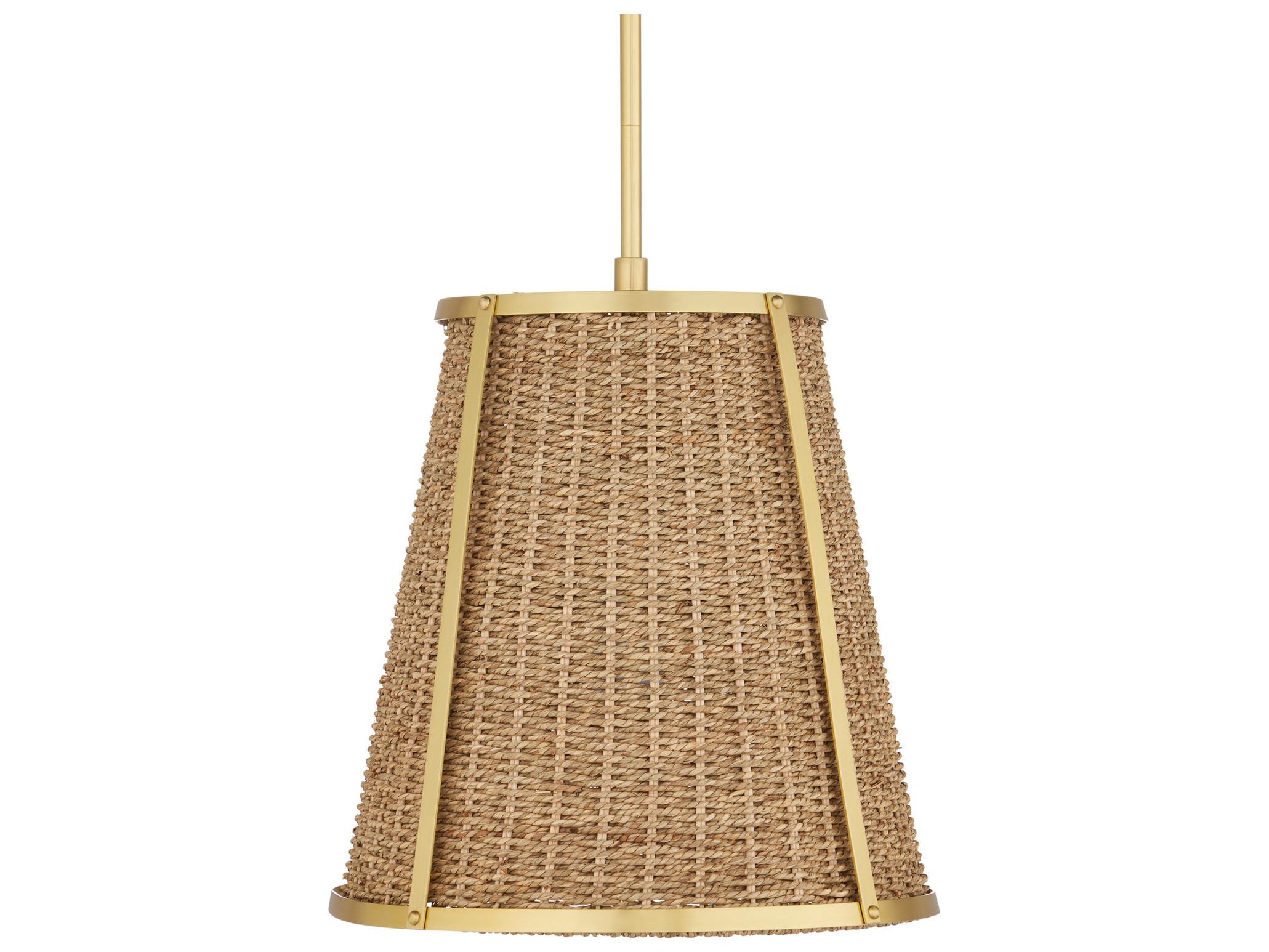 Currey & Company Deauville 1-Light Natural Polished Brass Brown Drum Pendant