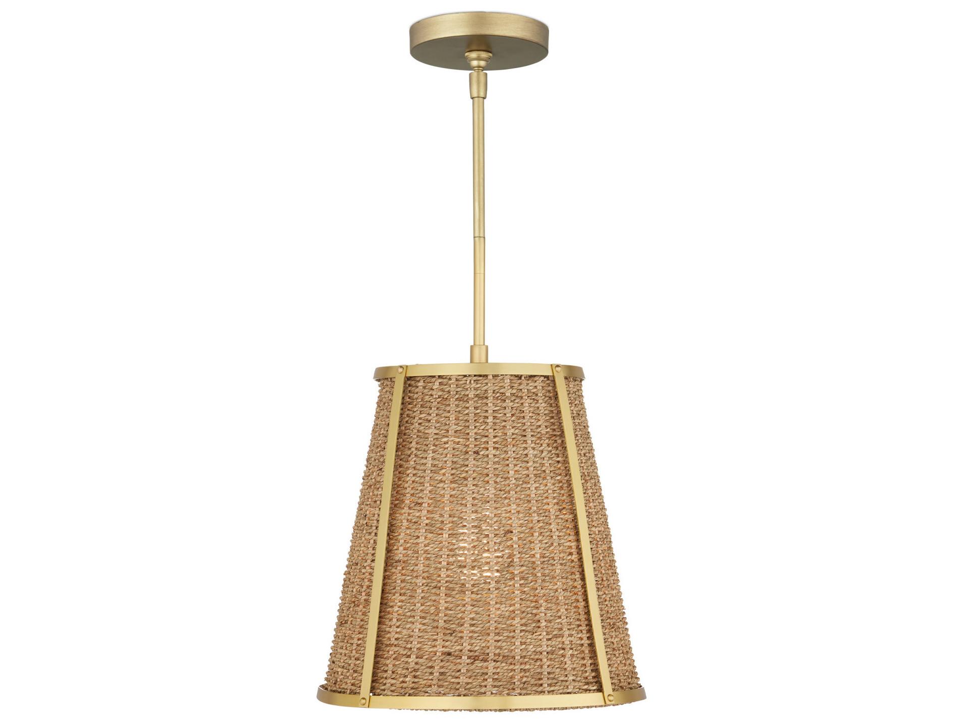 Currey & Company Deauville 1-Light Natural Polished Brass Brown Drum Pendant