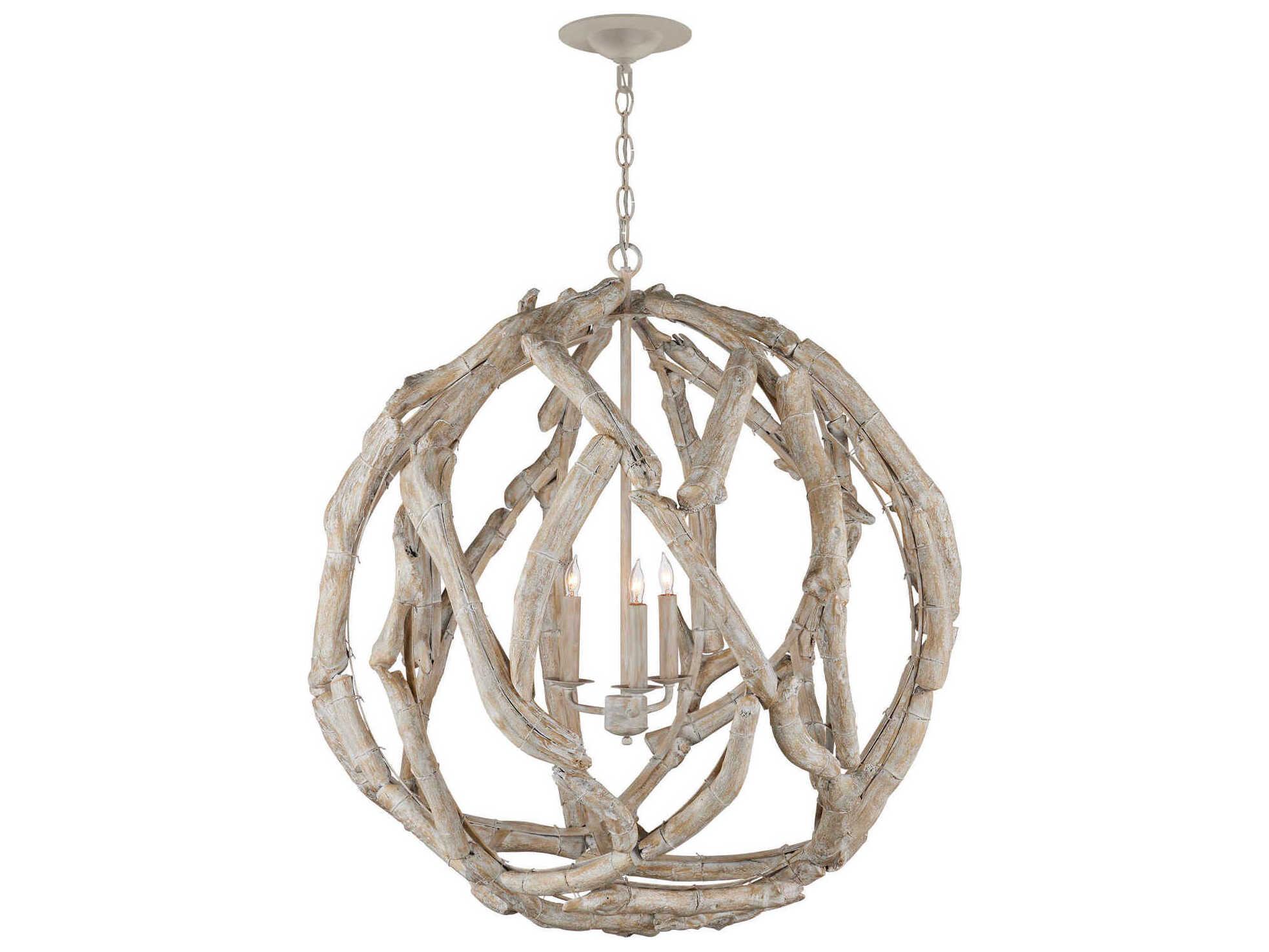 Currey & Company Driftwood 3-Light Whitewashed Driftwood Globe Chandelier