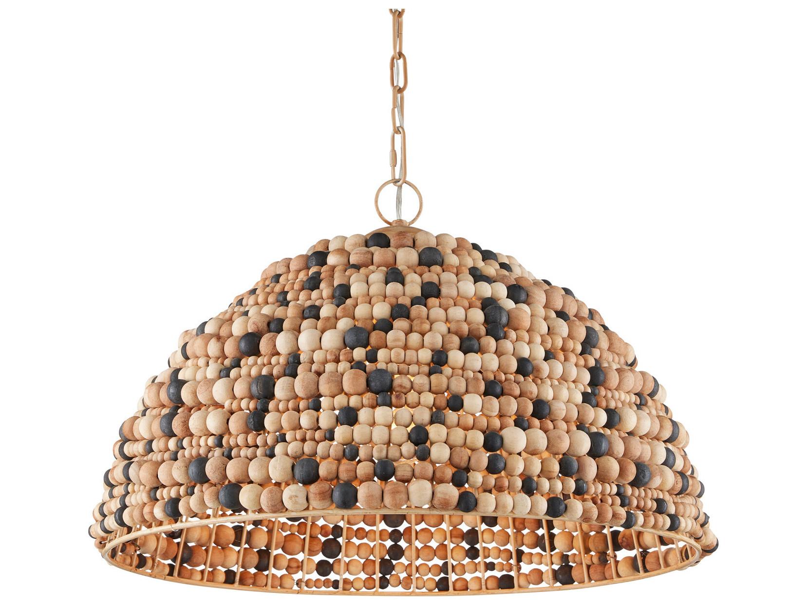 Currey & Company Medley 1-Light Natural Tan Black Coco Cream Wood Dome Pendant