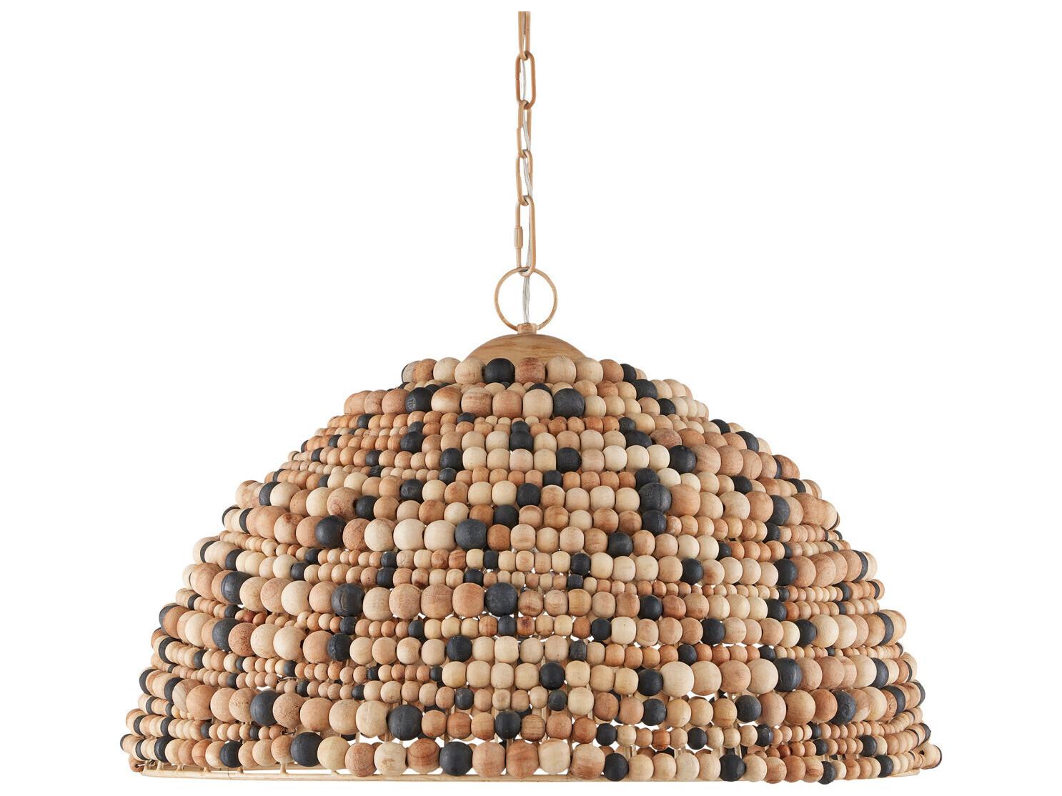 Currey & Company Medley 1-Light Natural Tan Black Coco Cream Wood Dome Pendant