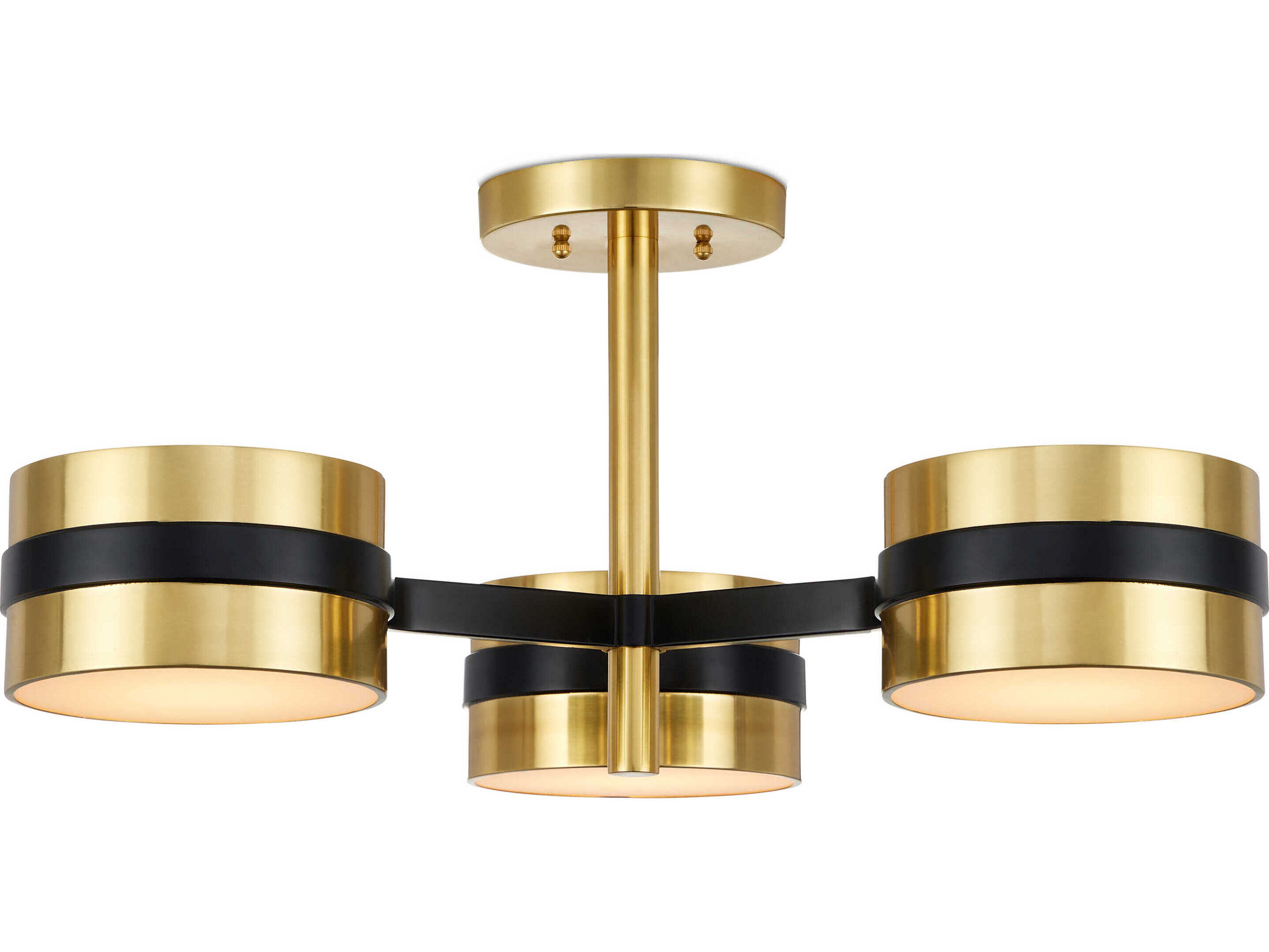 Currey & Company Heybrook 3-Light Polished Brass Black White Cylinder Semi Flush Mount