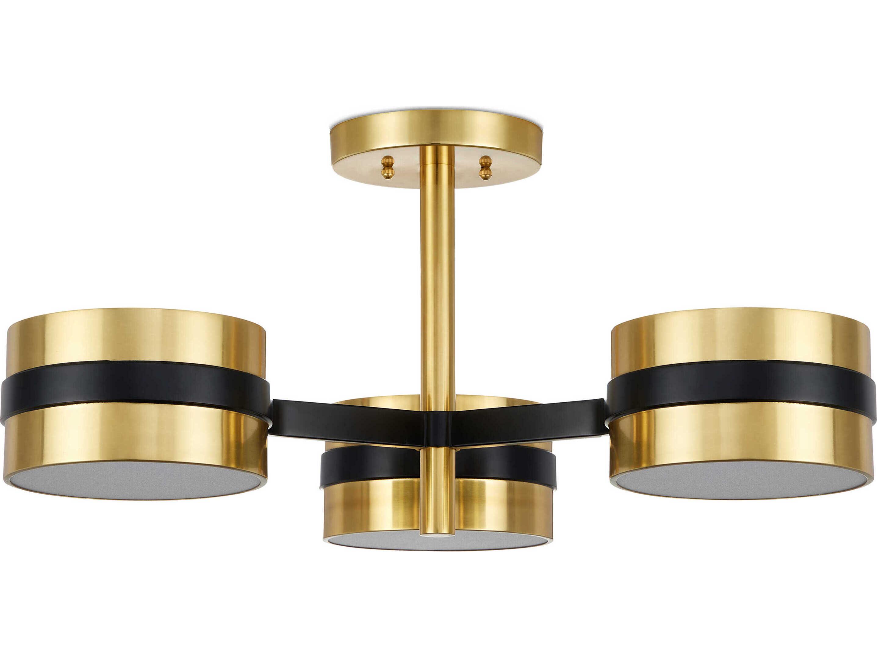 Currey & Company Heybrook 3-Light Polished Brass Black White Cylinder Semi Flush Mount