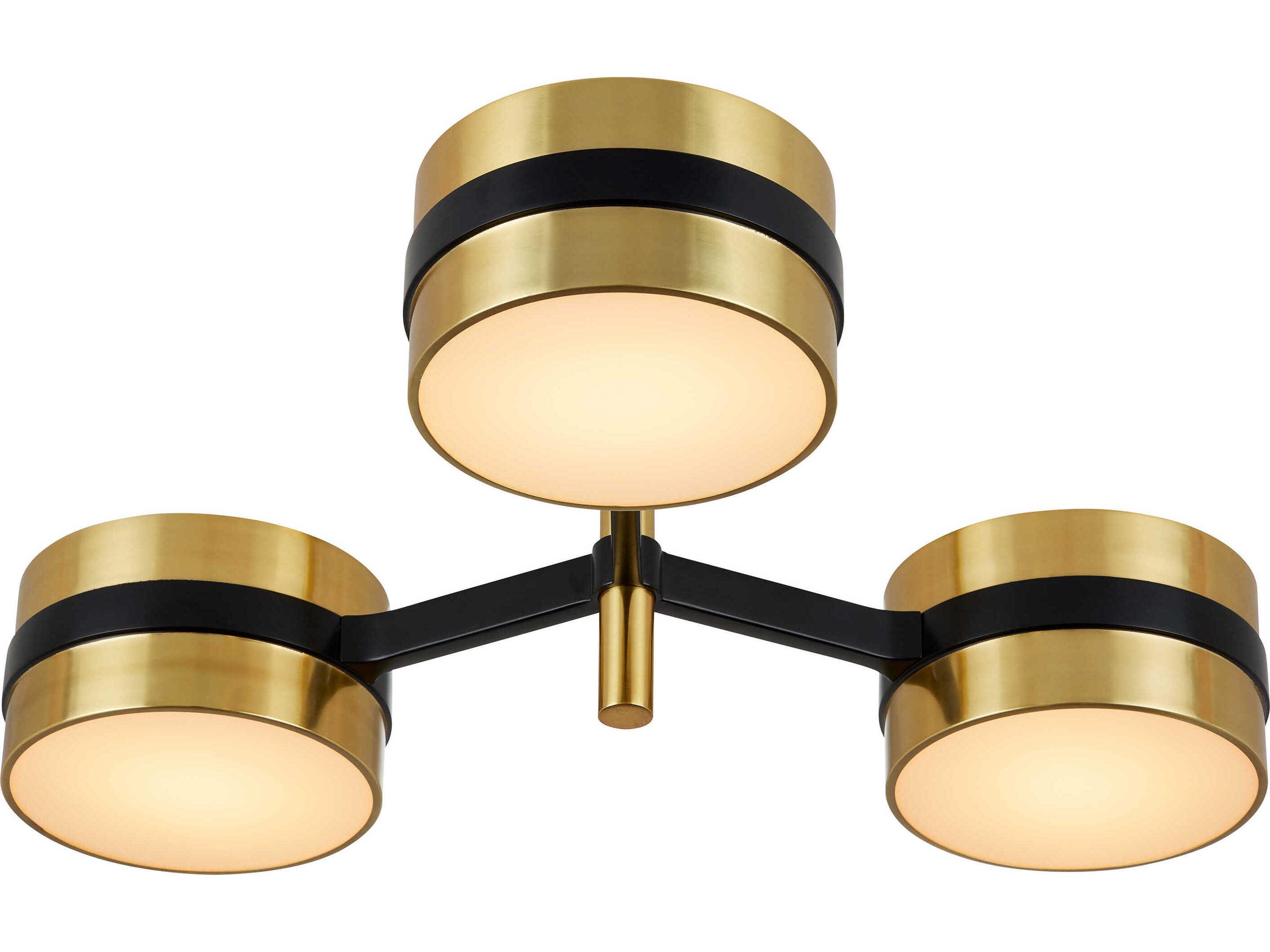 Currey & Company Heybrook 3-Light Polished Brass Black White Cylinder Semi Flush Mount