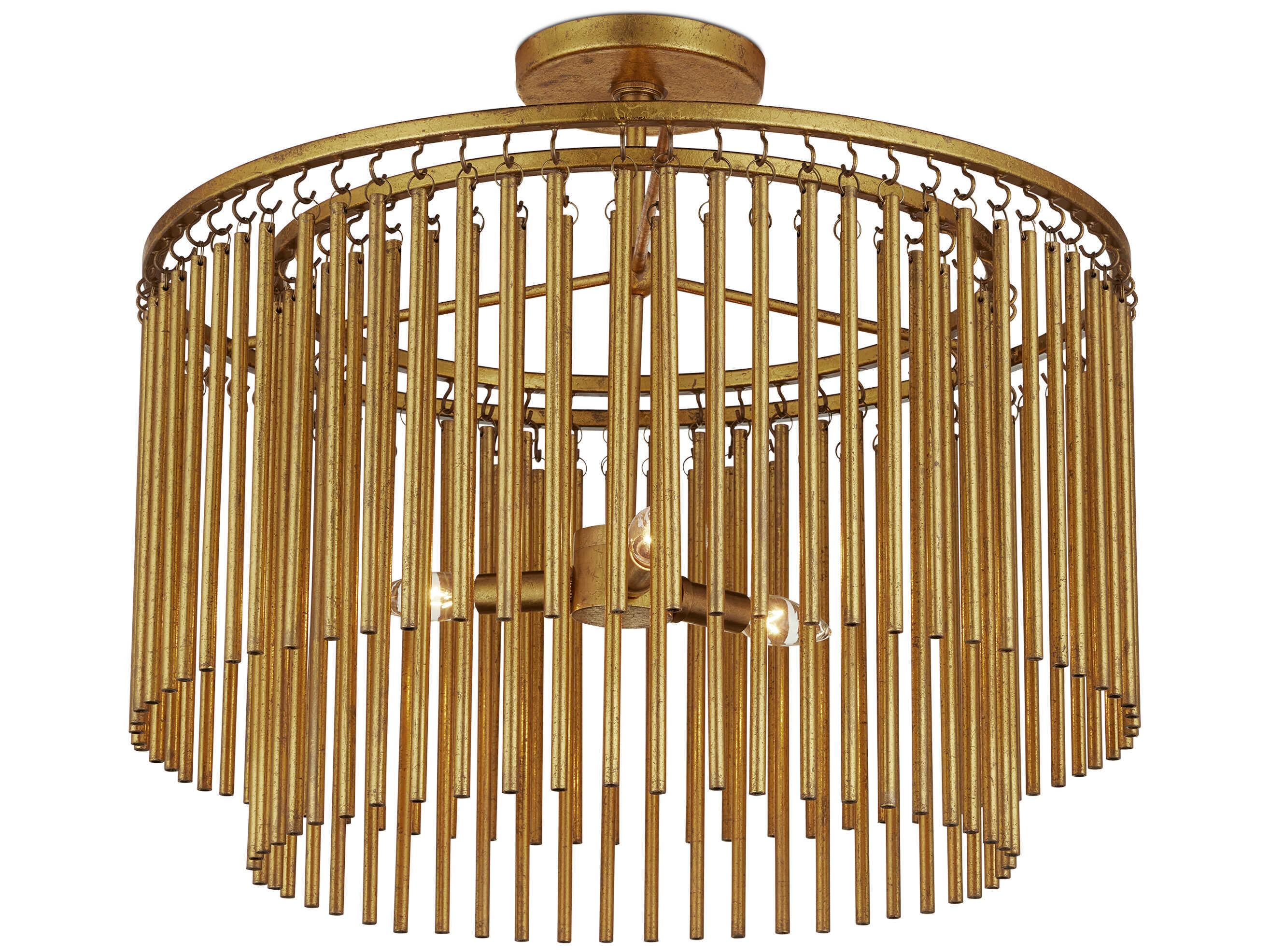 Currey & Company Mantra 3-Light Gold Leaf Cylinder Round Semi Flush Mount