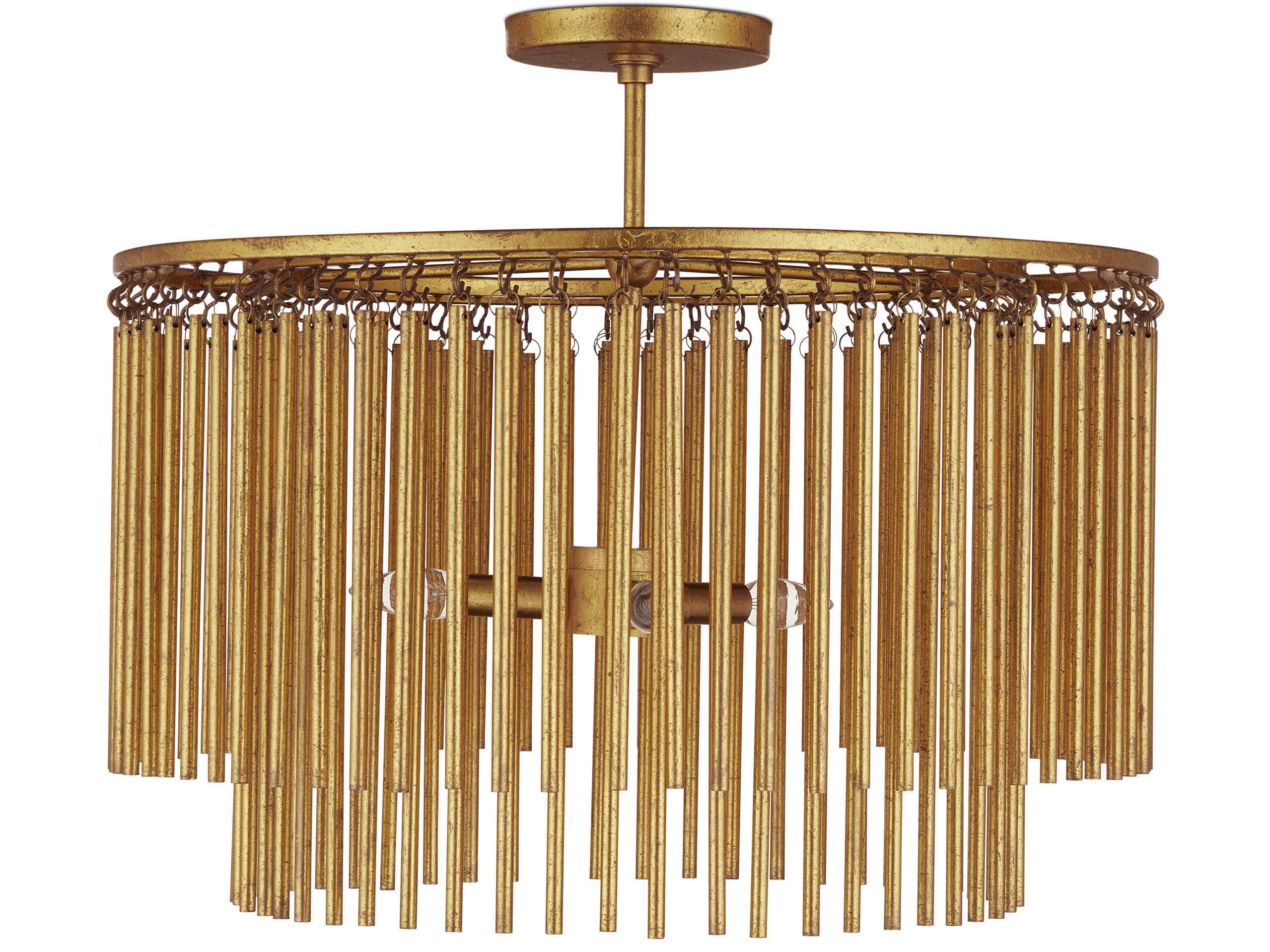 Currey & Company Mantra 3-Light Gold Leaf Cylinder Round Semi Flush Mount