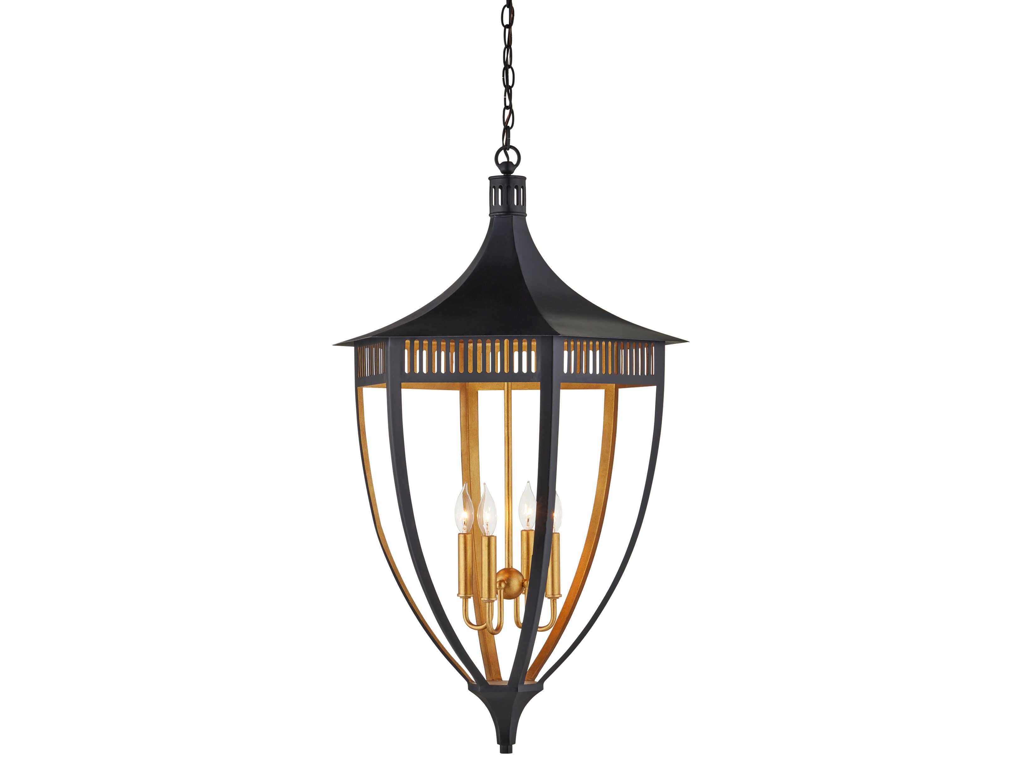 Currey & Company Wycombe 4-Light Satin Black Contemporary Gold Leaf Lantern Pendant