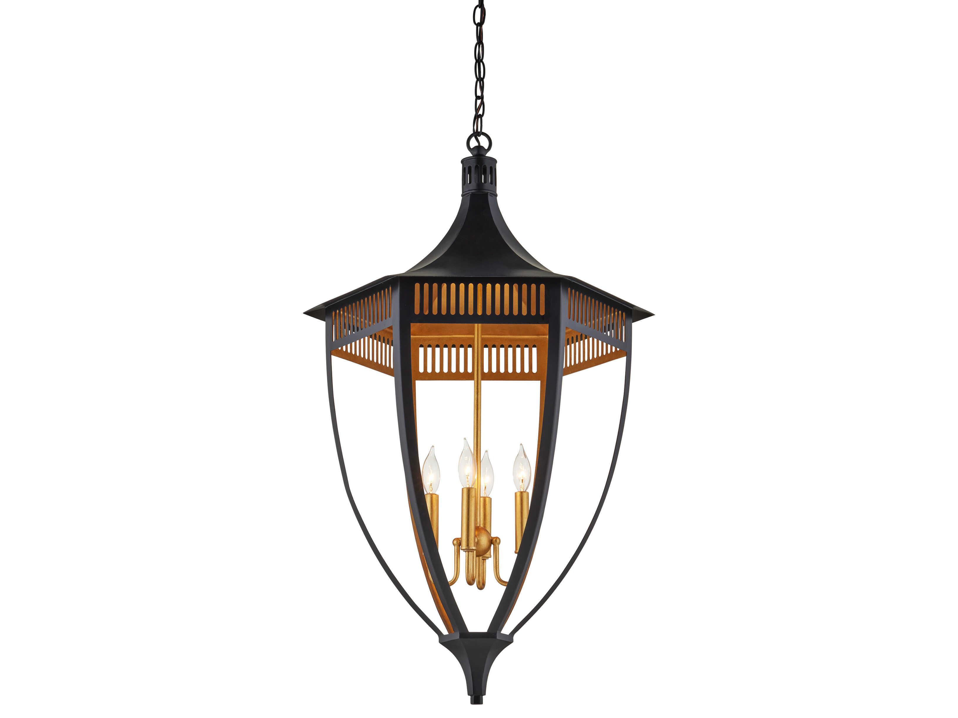 Currey & Company Wycombe 4-Light Satin Black Contemporary Gold Leaf Lantern Pendant