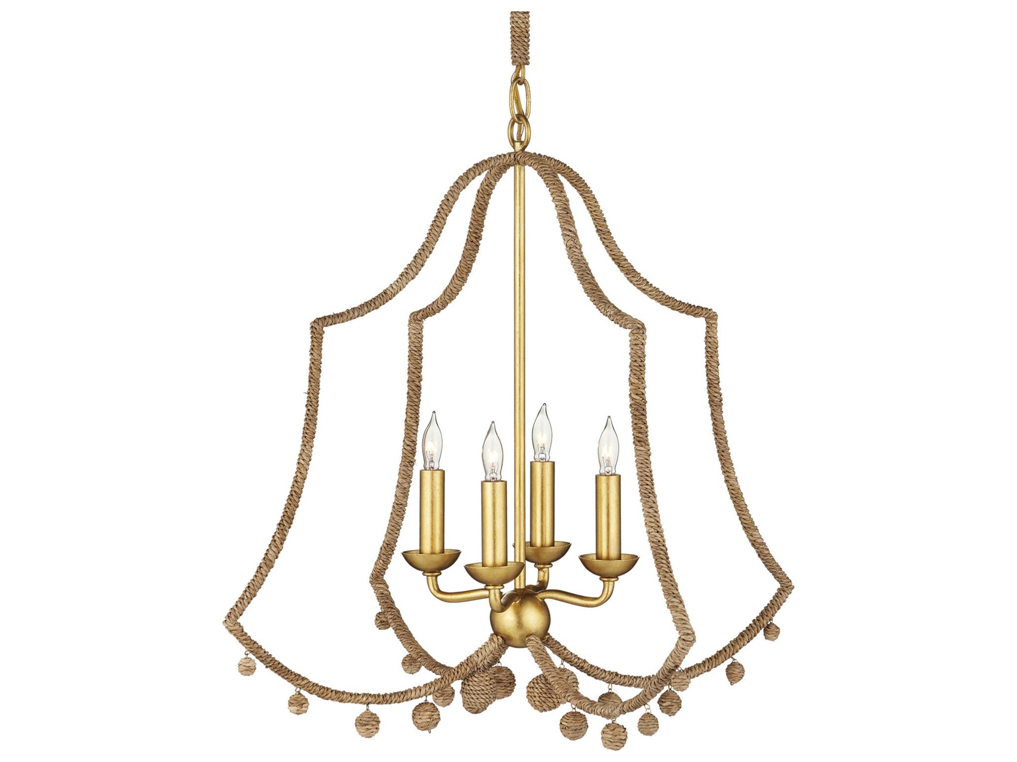 Currey & Company Nimes 4-Light Natural Rope Contemporary Gold Leaf Candelabra Chandelier