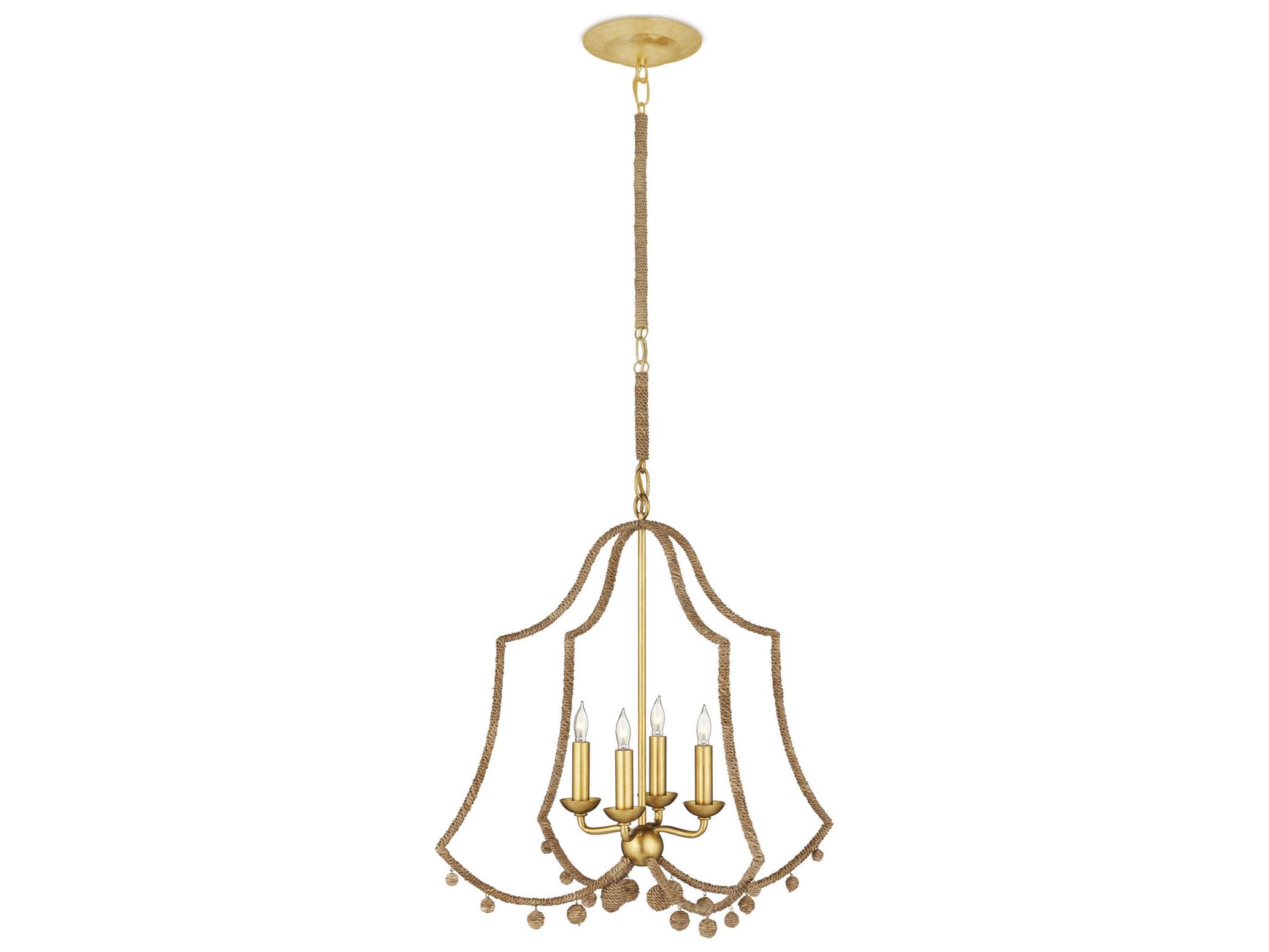 Currey & Company Nimes 4-Light Natural Rope Contemporary Gold Leaf Candelabra Chandelier