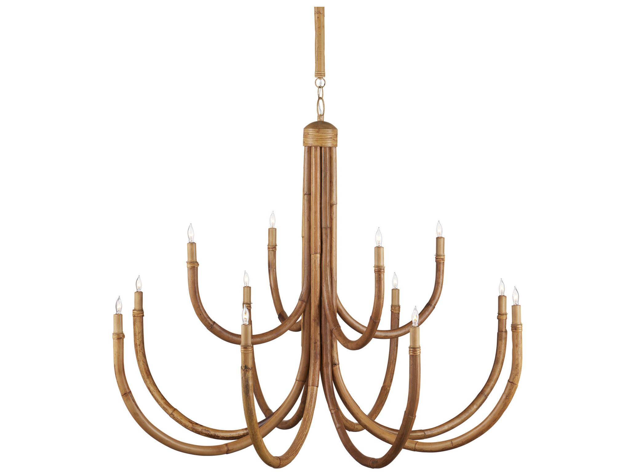 Currey & Company Samsara 12-Light Natural Saddle Tan Brown Candelabra Tiered Chandelier