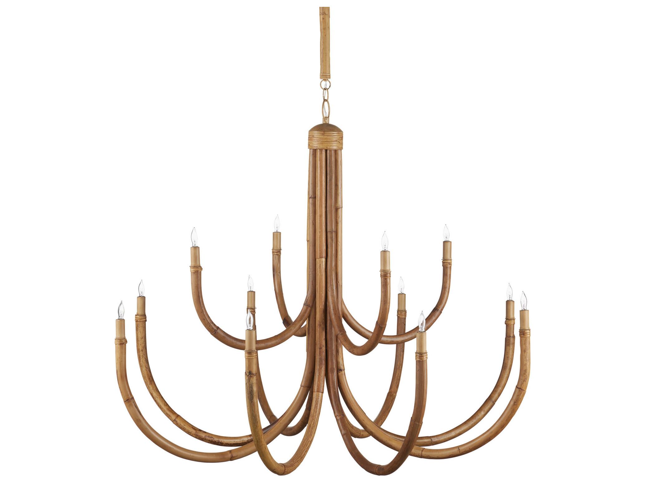 Currey & Company Samsara 12-Light Natural Saddle Tan Brown Candelabra Tiered Chandelier