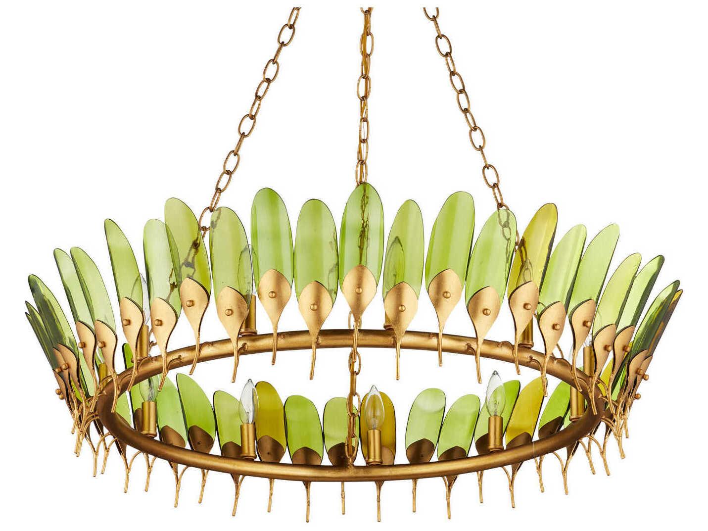 Currey & Company Selavy 11-Light Green Contemporary Gold Leaf Round Chandelier