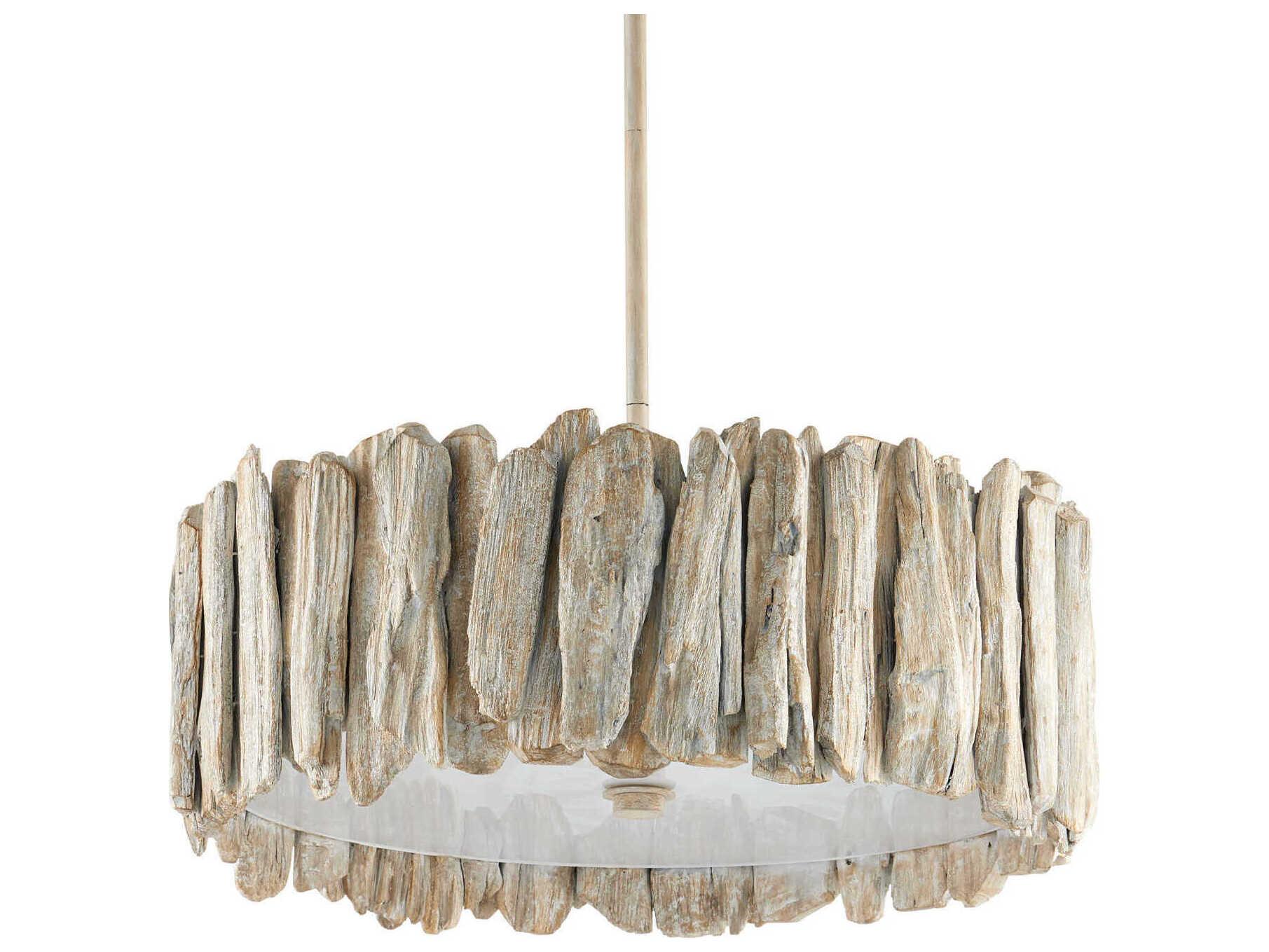 Currey & Company Driftwood 3-Light Whitewash Gray Drum Pendant