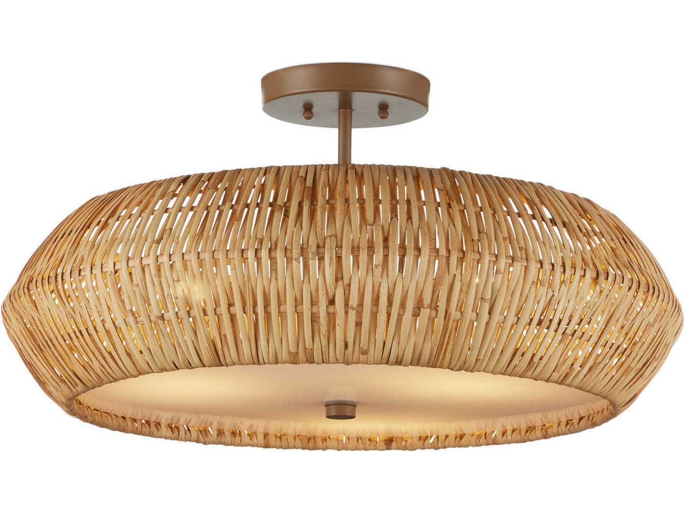 Currey & Company Antibes 3-Light Natural Khaki Brown Semi Flush Mount