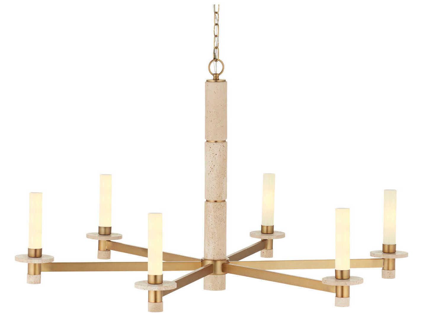Currey & Company Marcelo 6-Light Natural Antique Brass Off White Chandelier