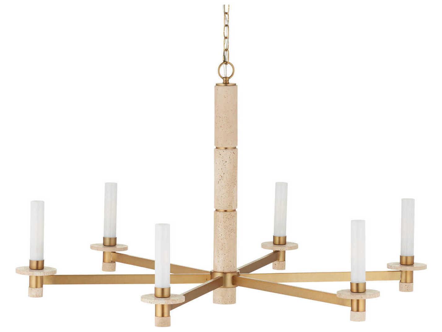 Currey & Company Marcelo 6-Light Natural Antique Brass Off White Chandelier