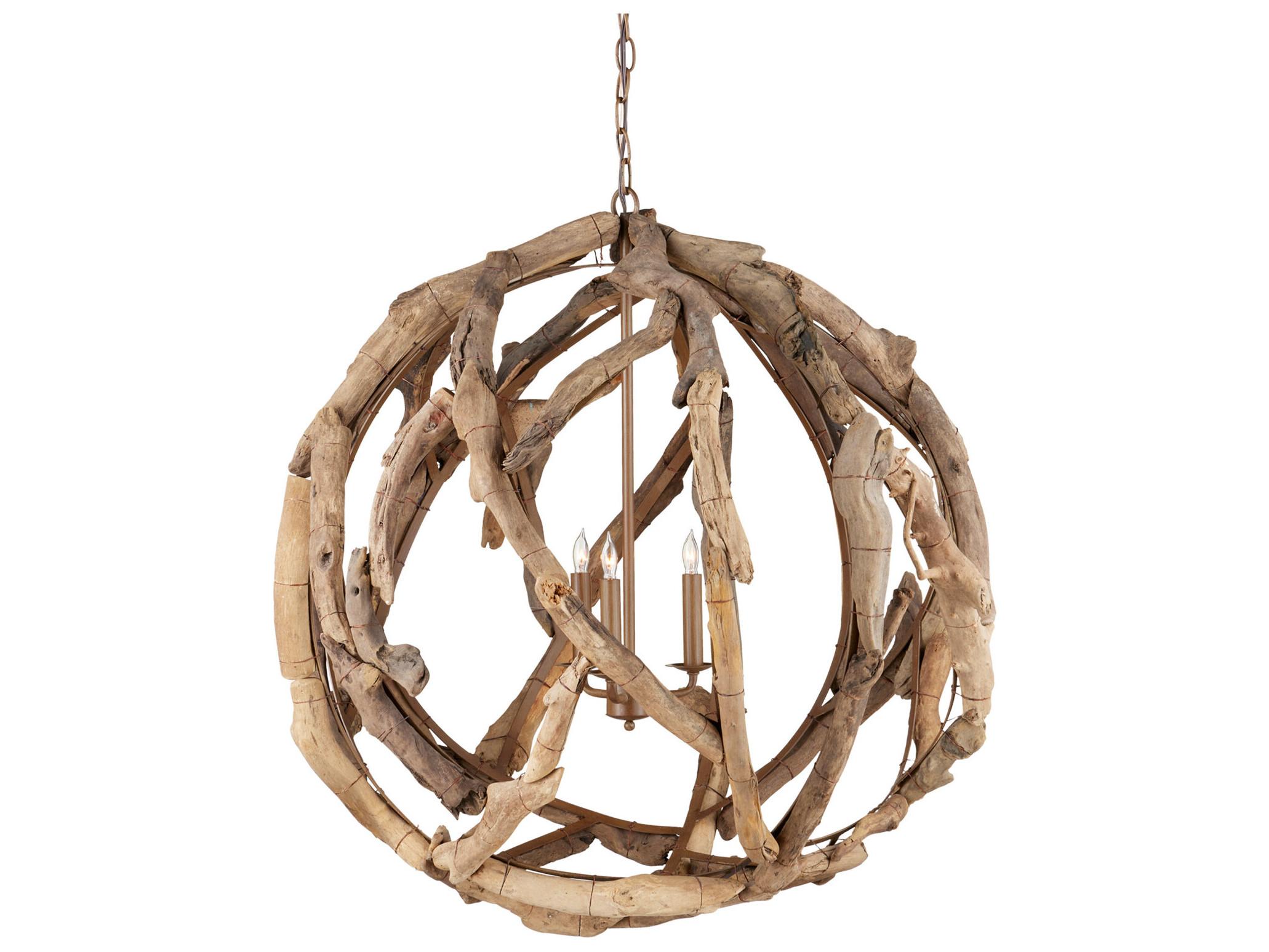 Currey & Company Driftwood 3-Light Natural Wood Globe Chandelier