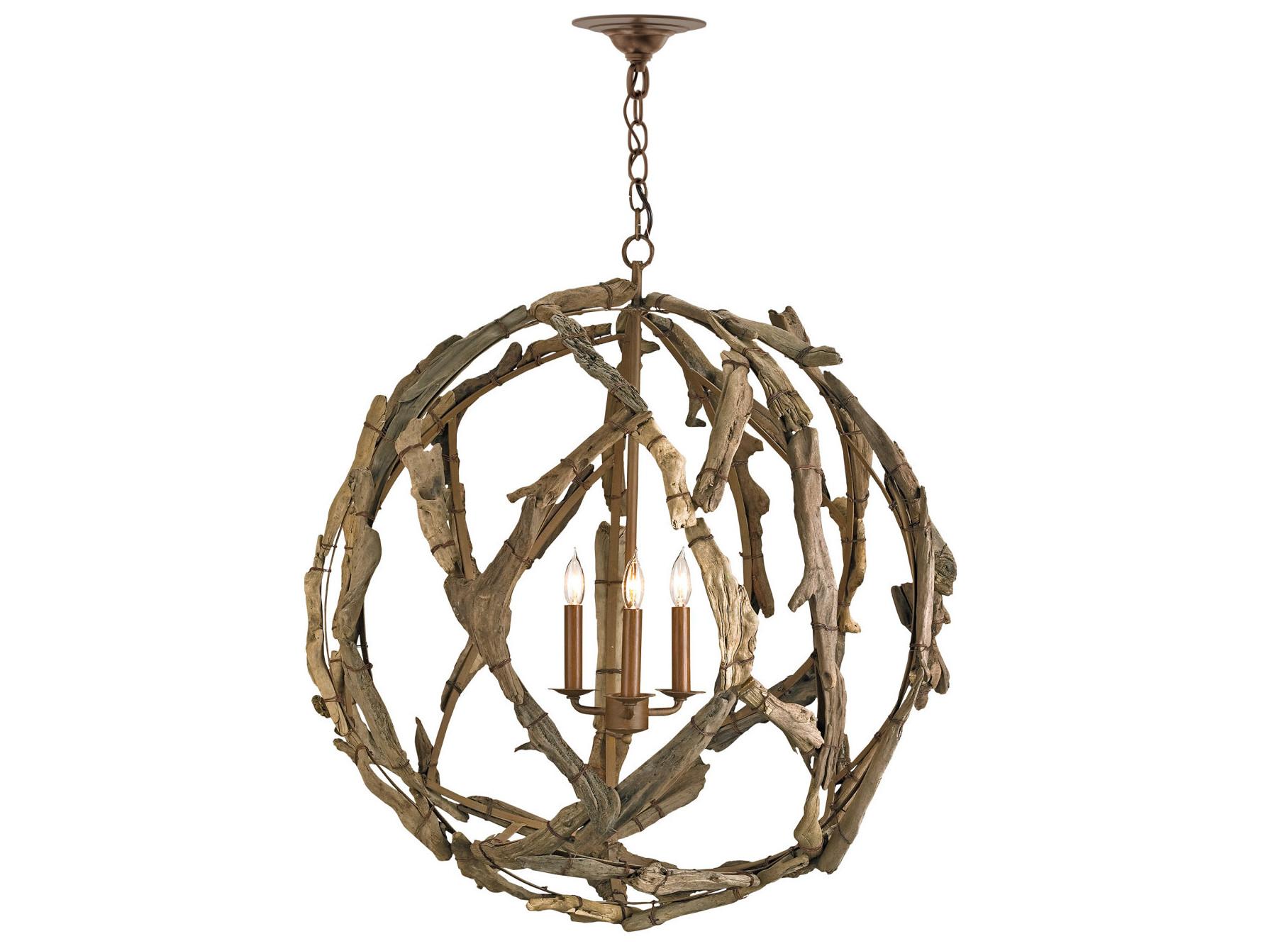 Currey & Company Driftwood 3-Light Natural Wood Globe Chandelier