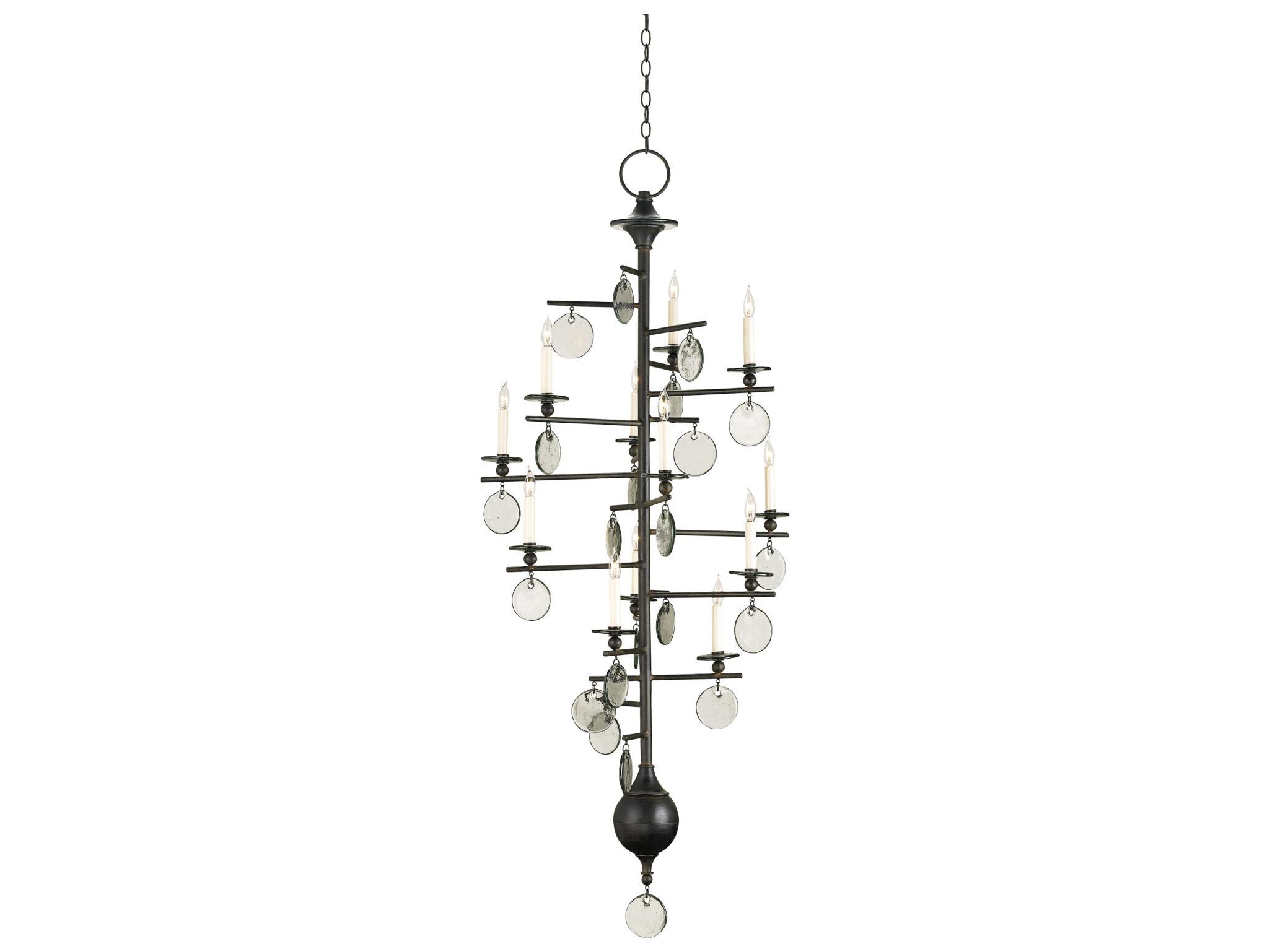 Currey & Company Sethos 12-Light Old Iron recycled Glass Black Candelabra Tiered Chandelier