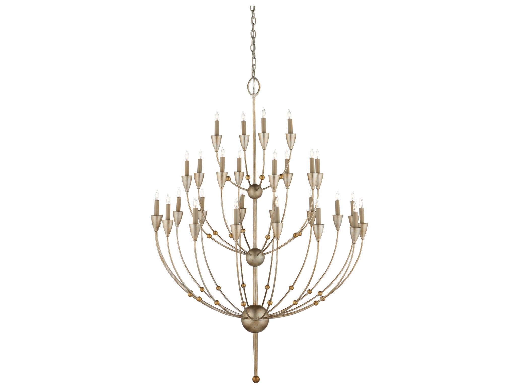 Currey & Company Paradox 28-Light Silver Granello gold Leaf Candelabra Tiered Chandelier