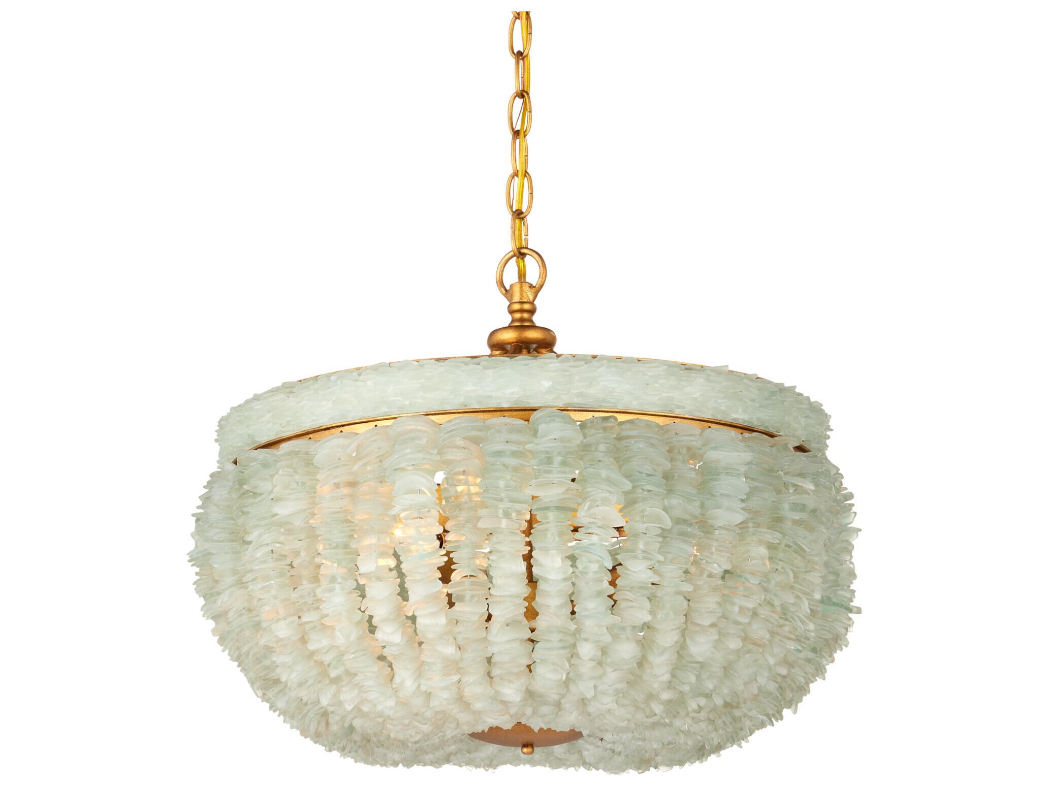 Currey & Company Belfry 3-Light Contemporary Gold Leaf seaglass Bowl Chandelier