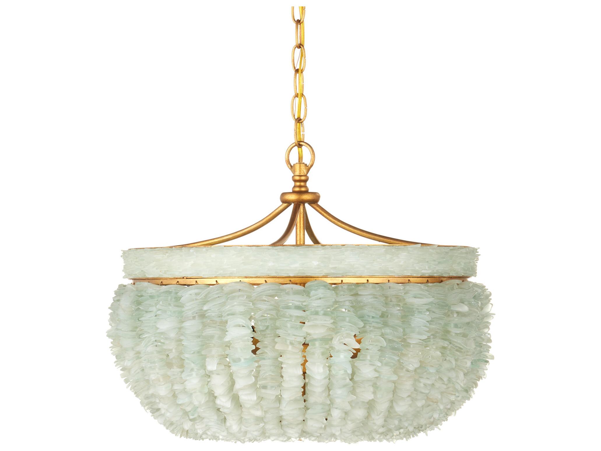 Currey & Company Belfry 3-Light Contemporary Gold Leaf seaglass Bowl Chandelier