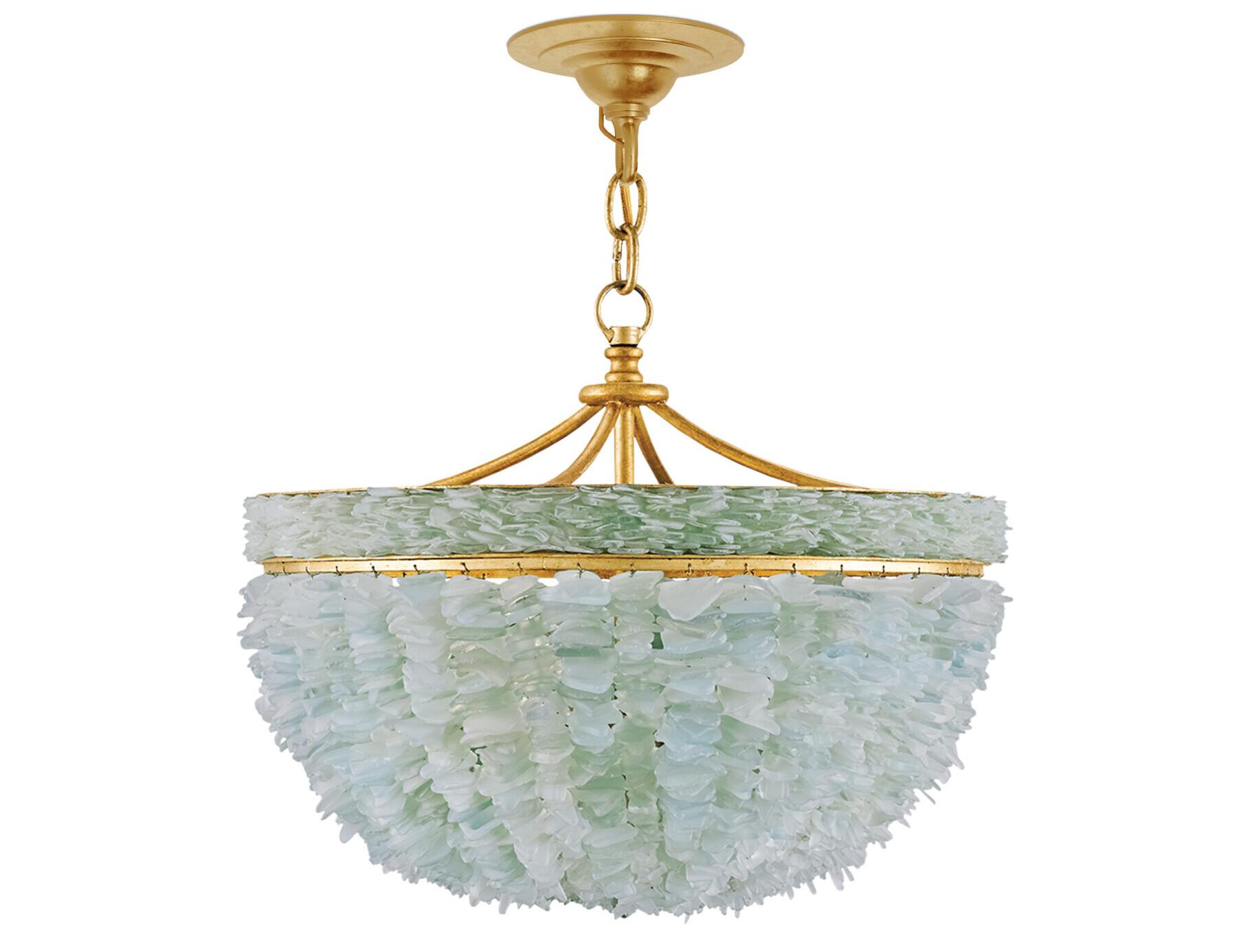 Currey & Company Belfry 3-Light Contemporary Gold Leaf seaglass Bowl Chandelier