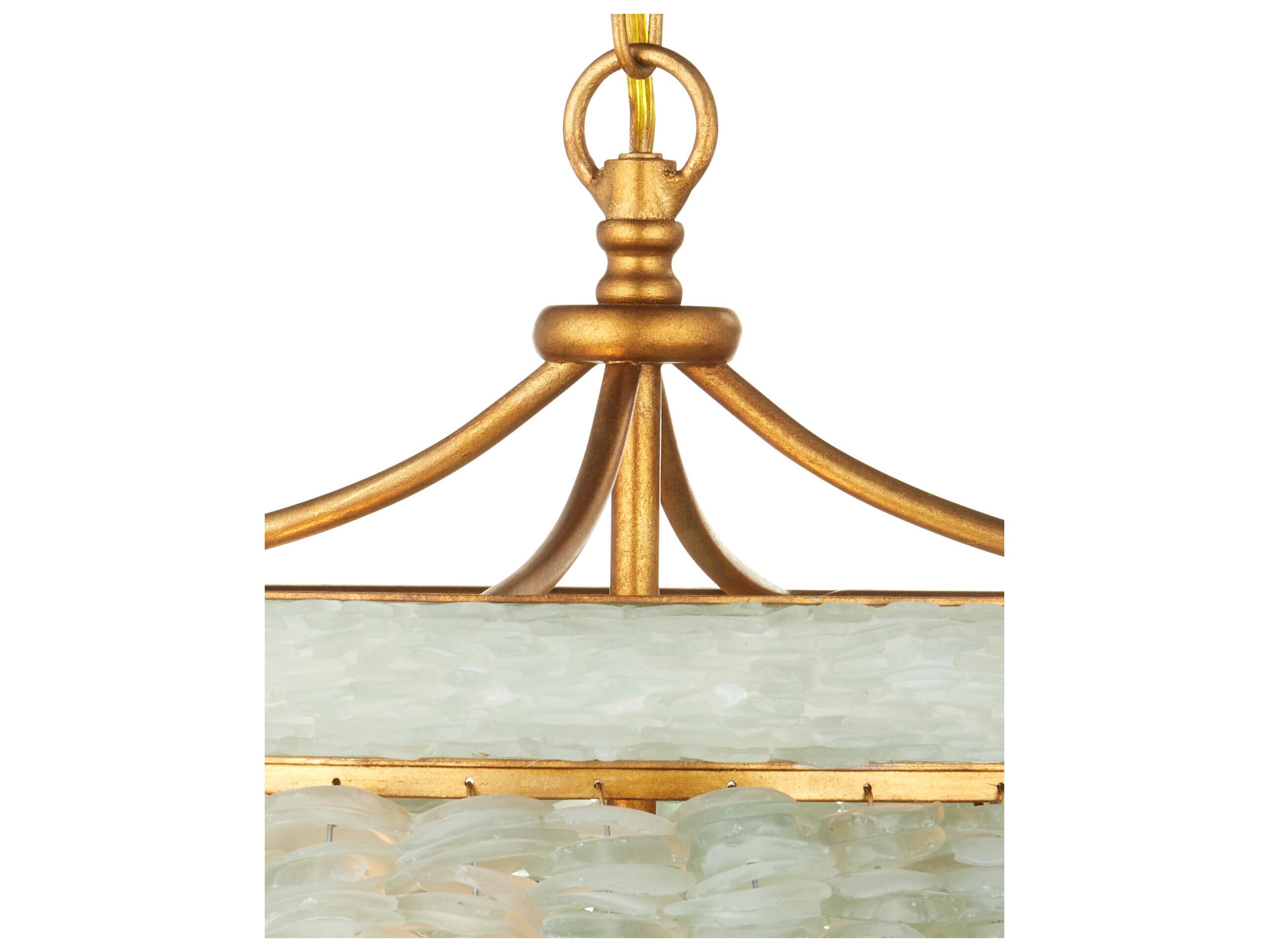 Currey & Company Belfry 3-Light Contemporary Gold Leaf seaglass Bowl Chandelier