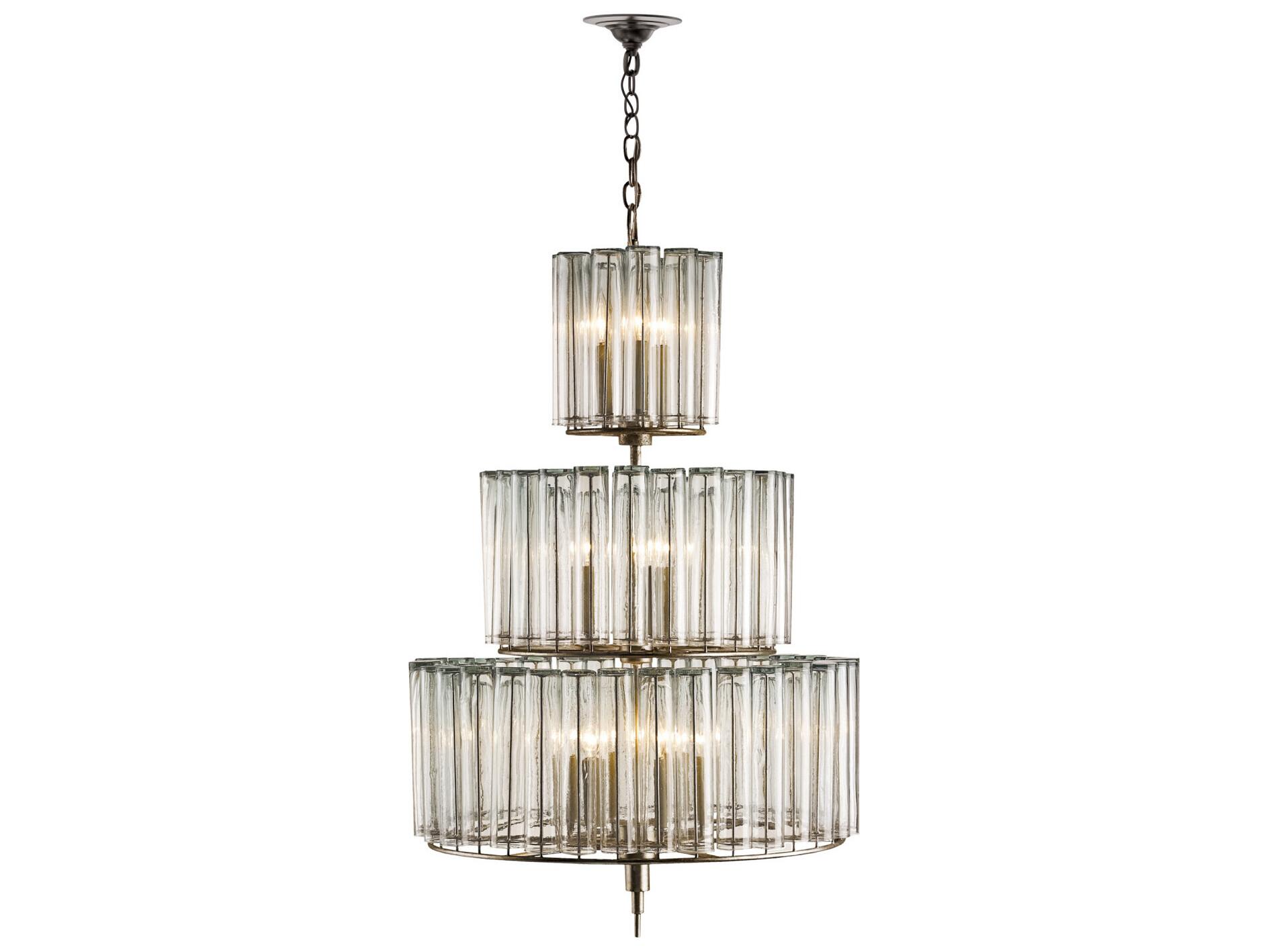 Currey & Company Bevilacqua 12-Light Silver Leaf Glass Candelabra Drum Tiered Chandelier