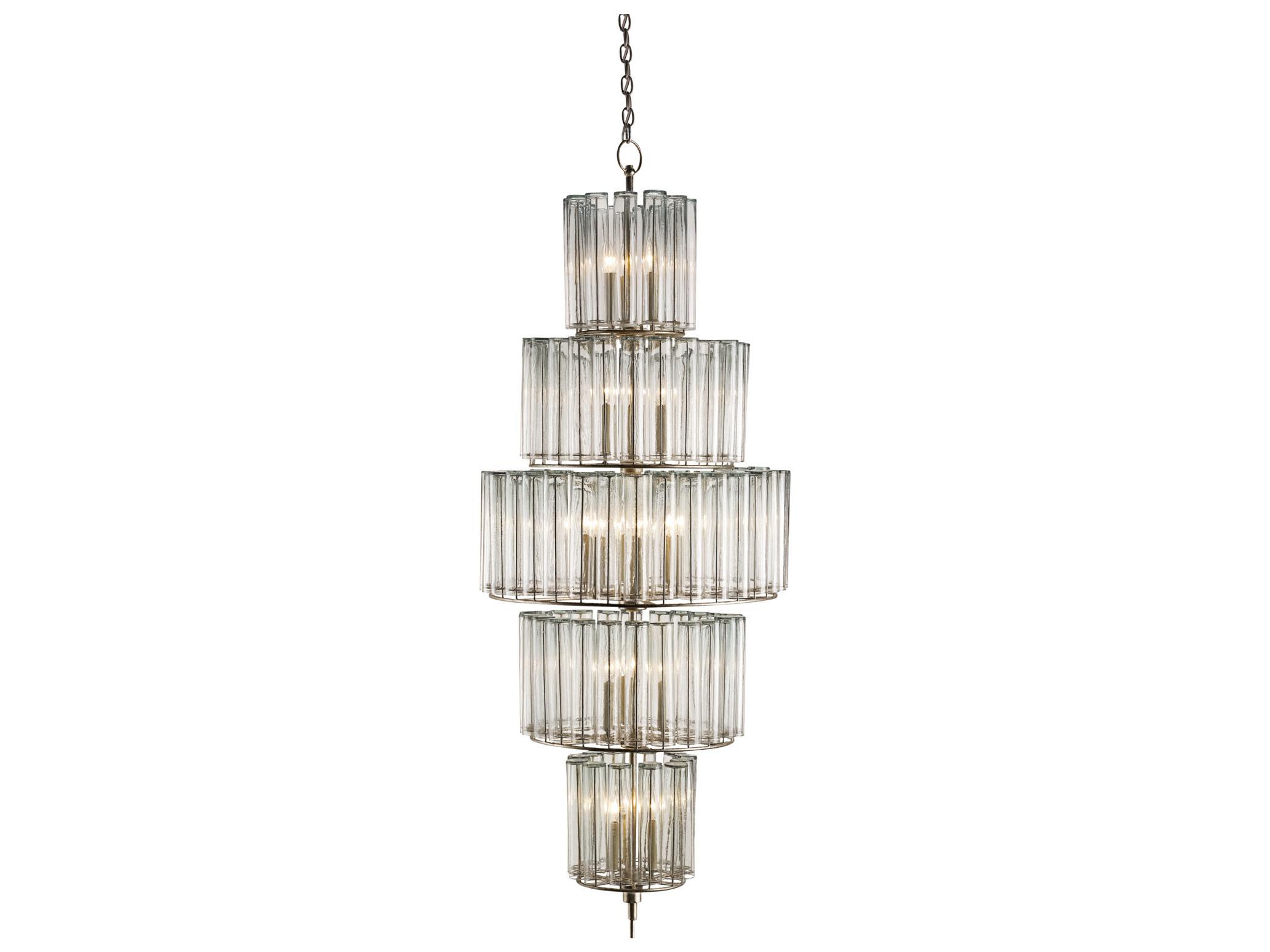 Currey & Company Bevilacqua 18-Light Silver Leaf Glass Candelabra Drum Tiered Chandelier