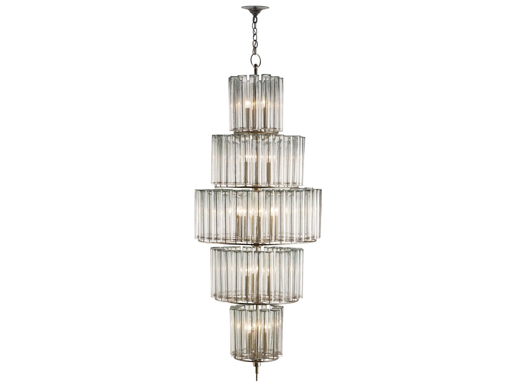 Currey & Company Bevilacqua 18-Light Silver Leaf Glass Candelabra Drum Tiered Chandelier